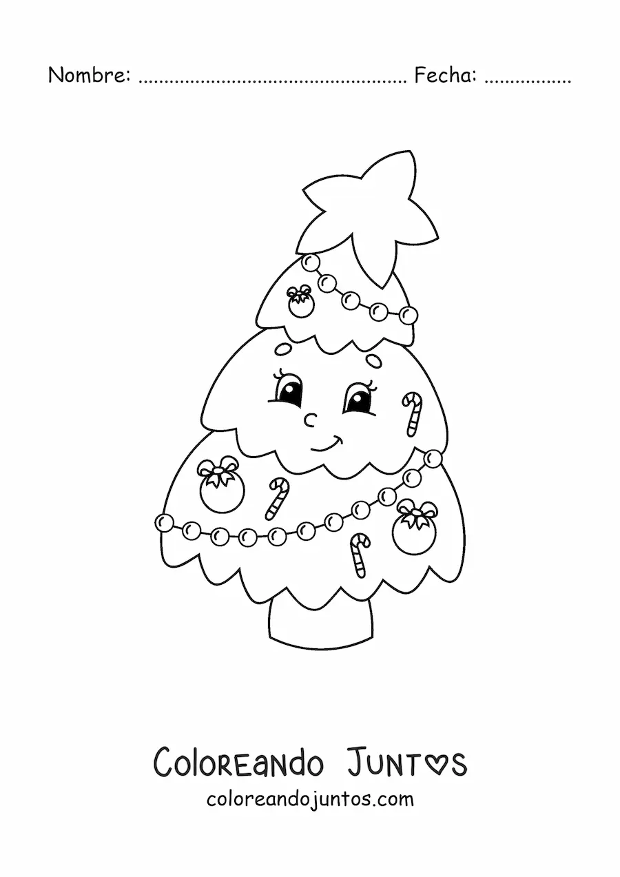 Imagen para colorear de un árbol de Navidad kawaii animado con bastones y guirnaldas