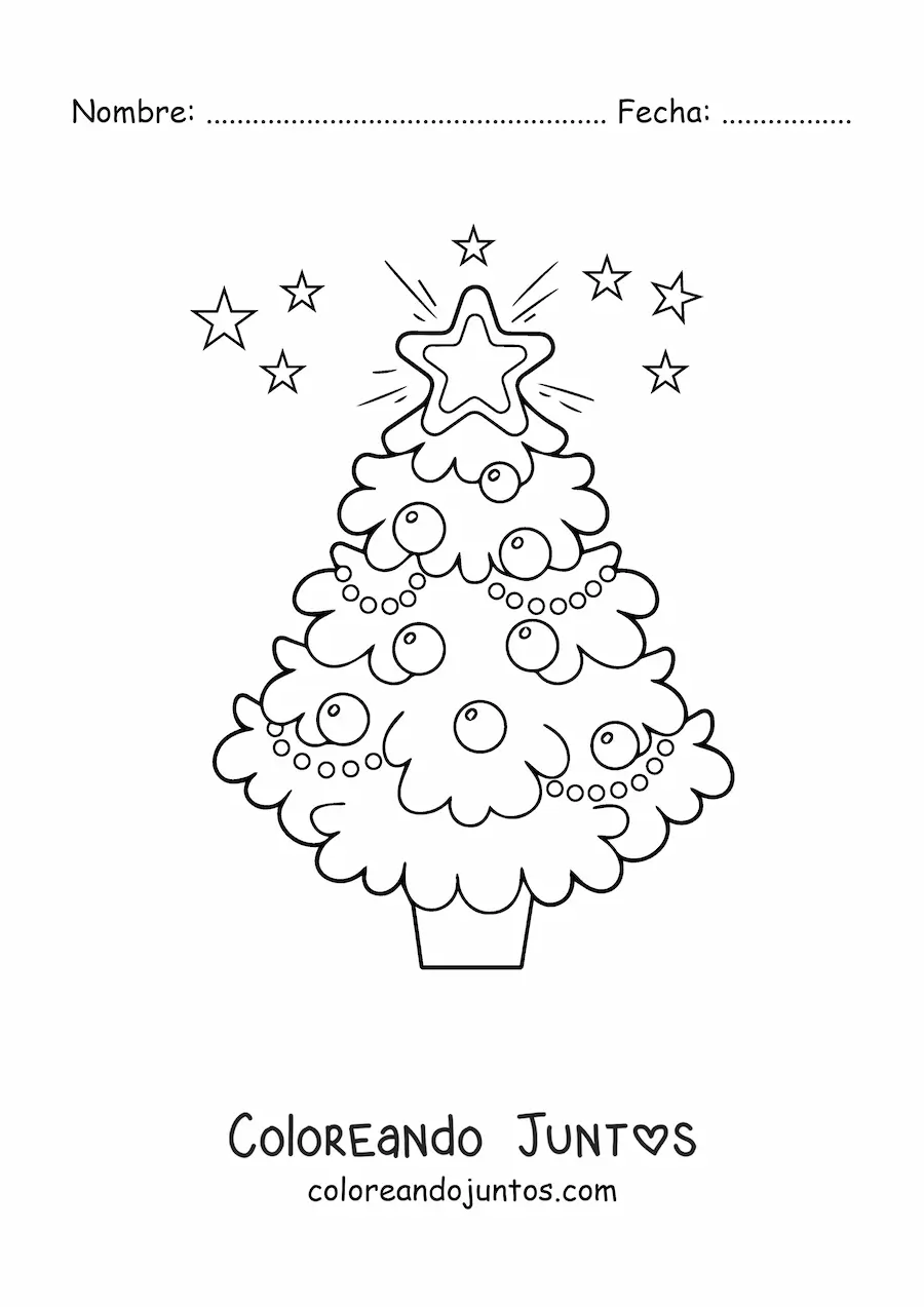 Imagen para colorear de un árbol de Navidad grande decorado con estrellas alrededor