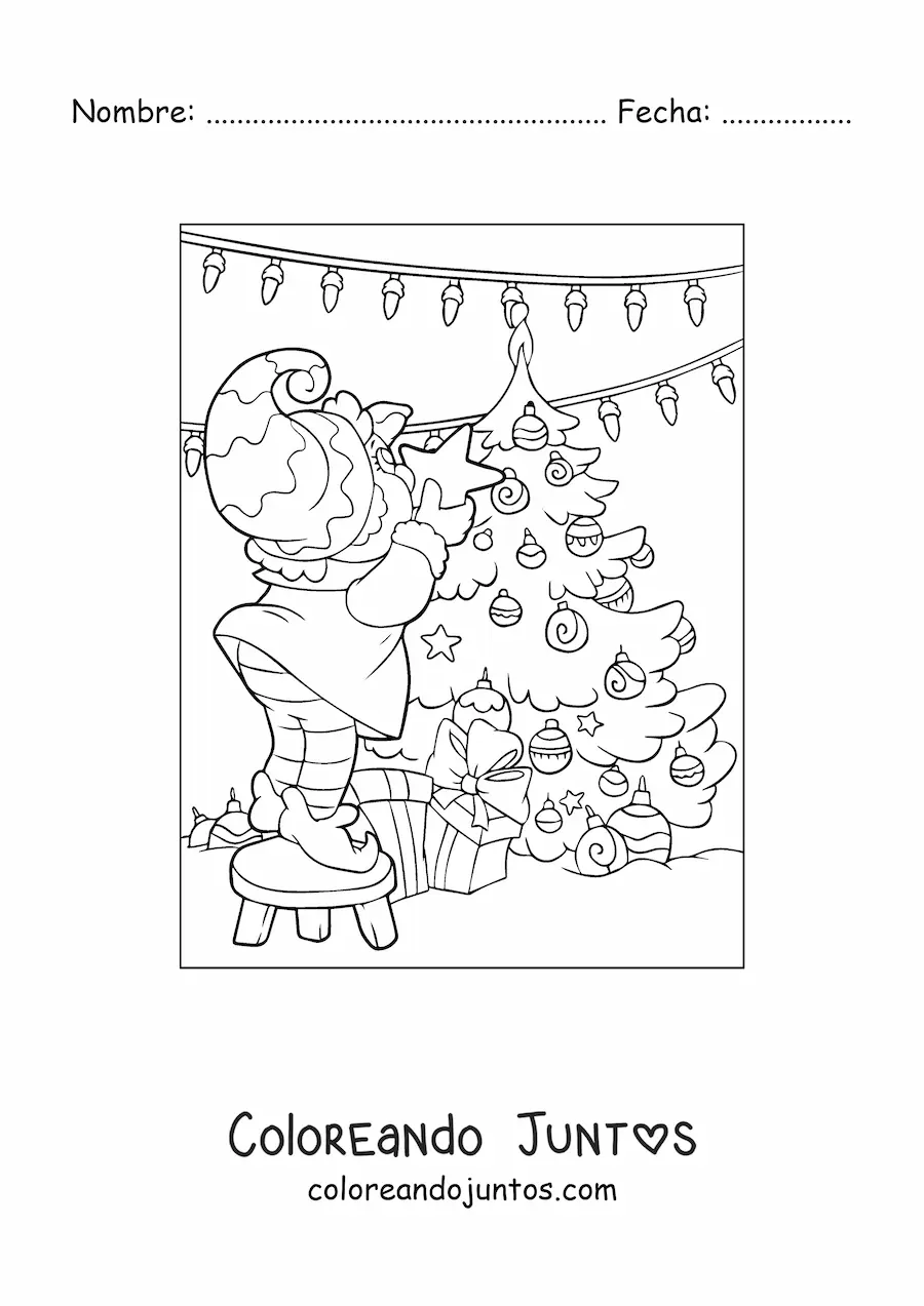 Imagen para colorear de un elfo de Santa poniendo la estrella en el arbolito