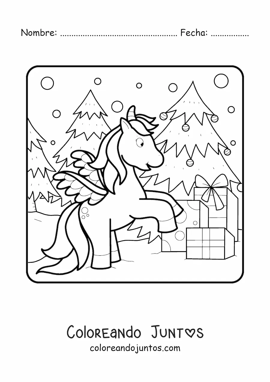 Imagen para colorear de un unicornio animado junto a un árbol de Navidad con regalos