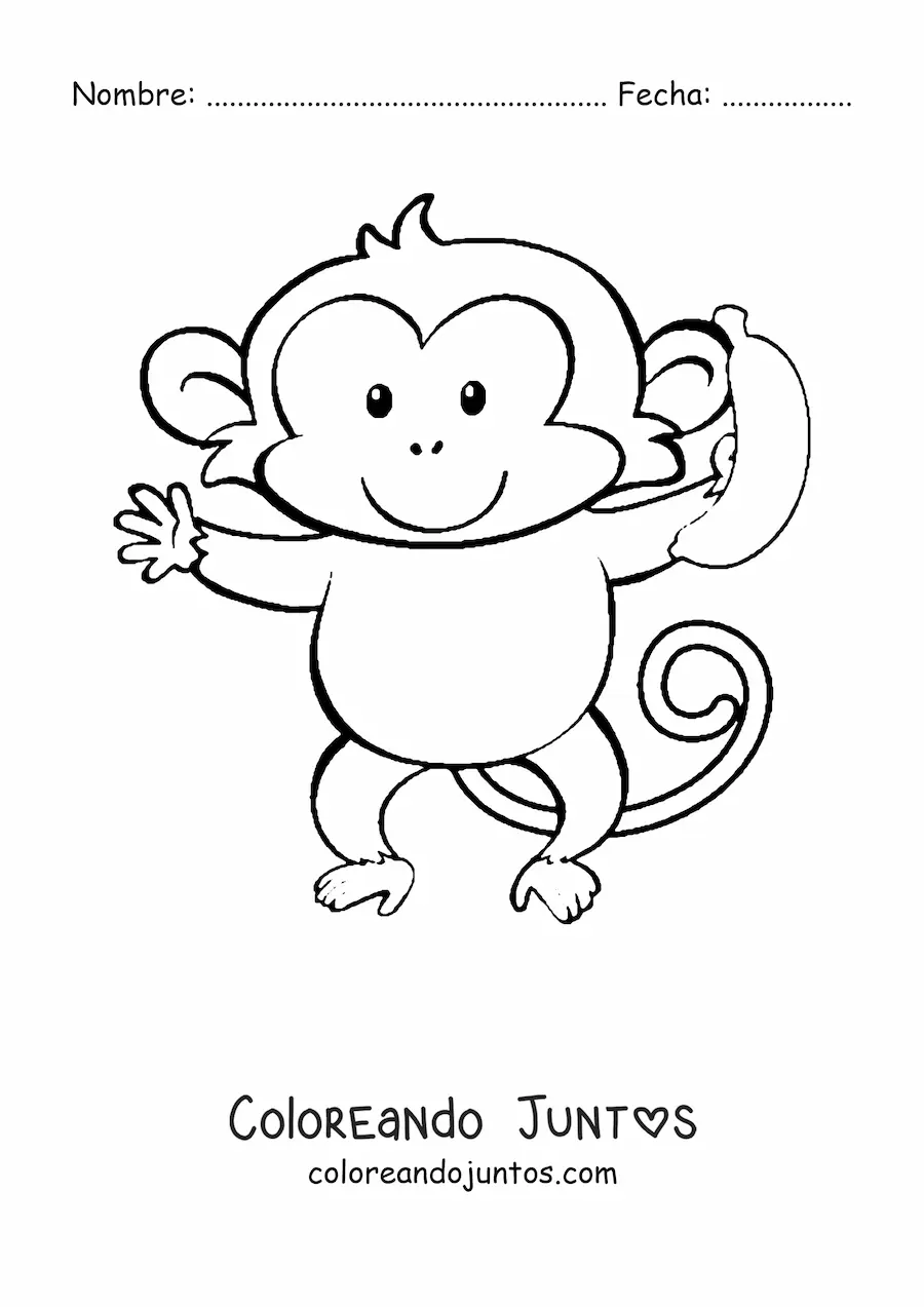 Imagen para colorear de un mono animado kawaii comiendo una banana