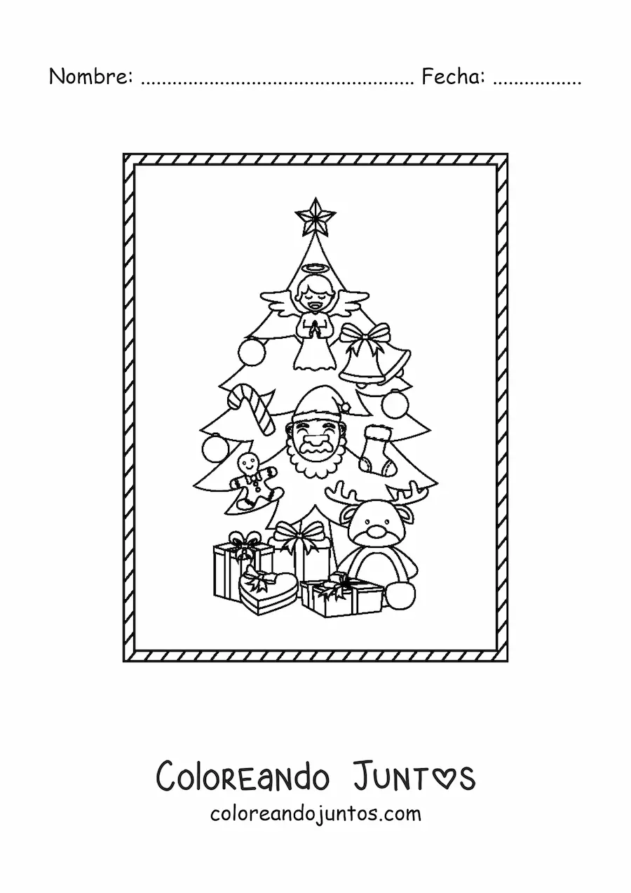 Imagen para colorear de un árbol de Navidad decorado con regalos debajo