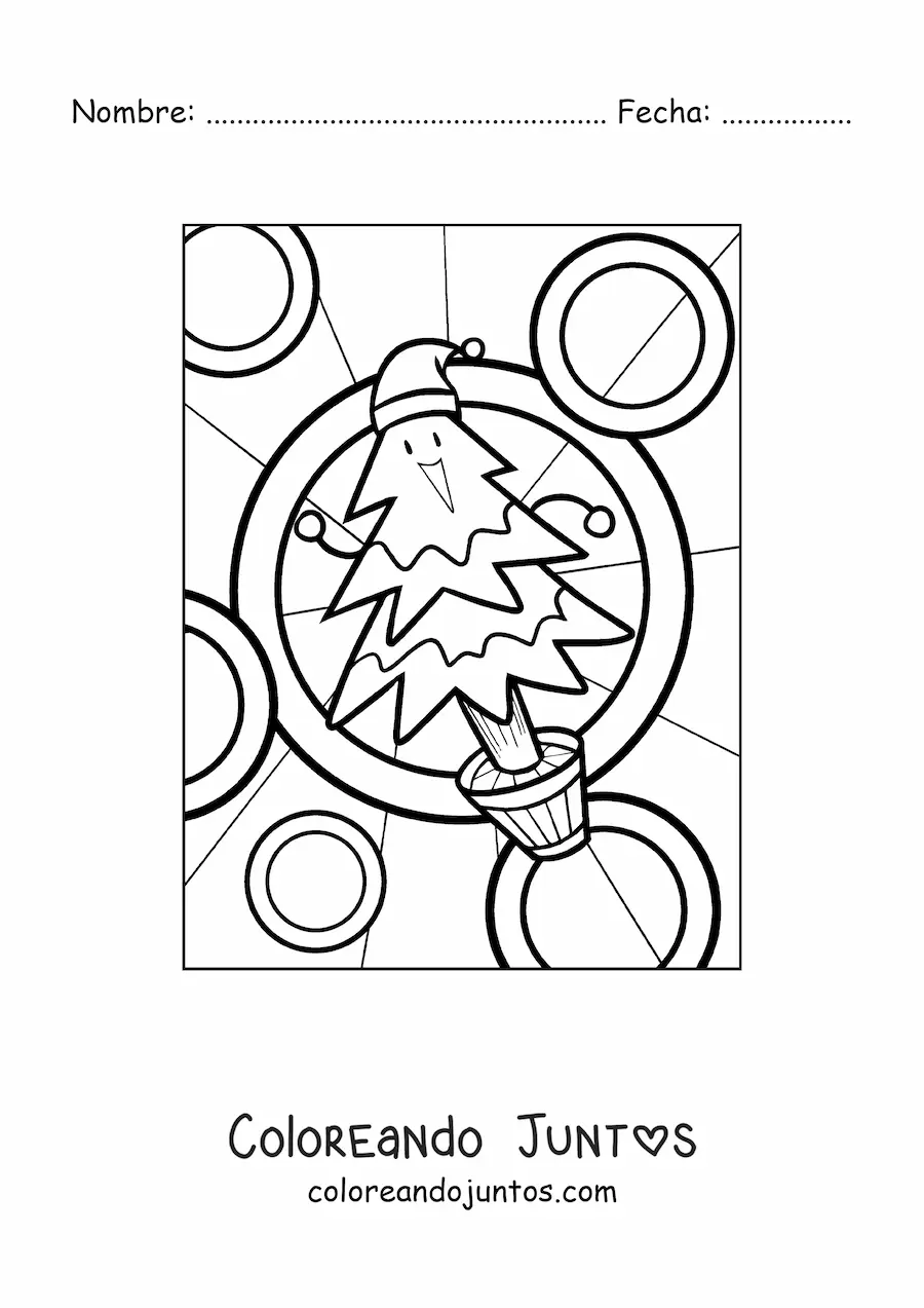 Imagen para colorear de un árbol navideño animado sonriente en una maceta