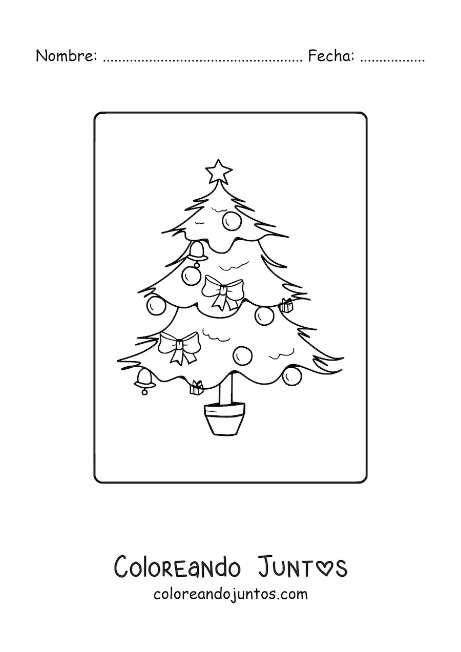 Imagen para colorear de un árbol navideño con lazos en una maceta