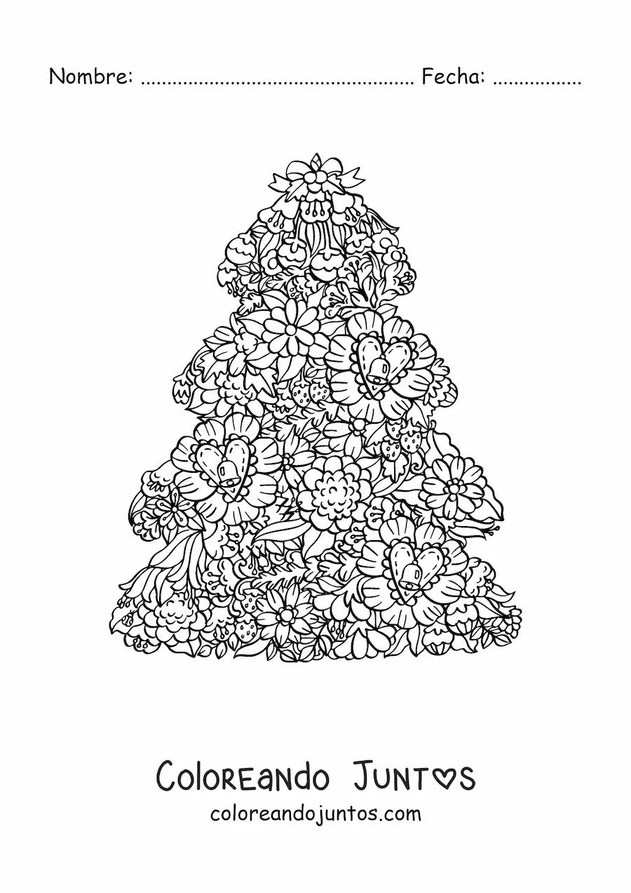 Imagen para colorear de un arbolito de Navidad con flores y corazones