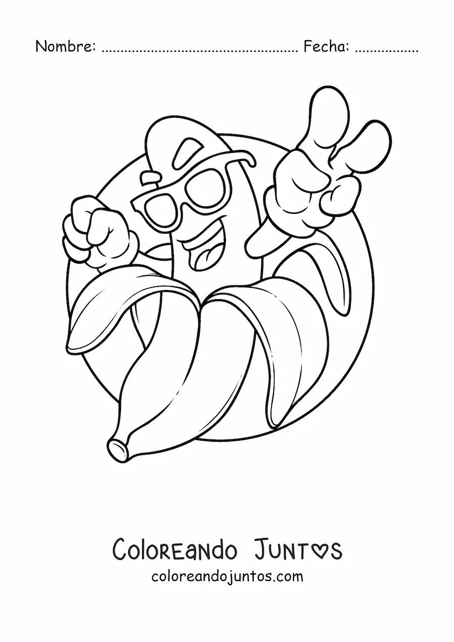 Imagen para colorear de una banana animada saludando con lentes de sol