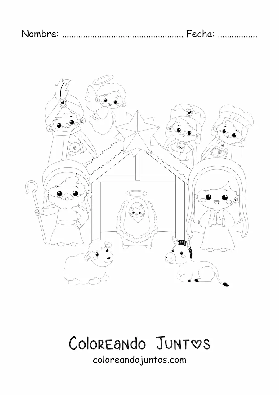 Imagen para colorear de un pesebre navideño kawaii con oveja, mula, los Reyes Magos y el ángel Gabriel