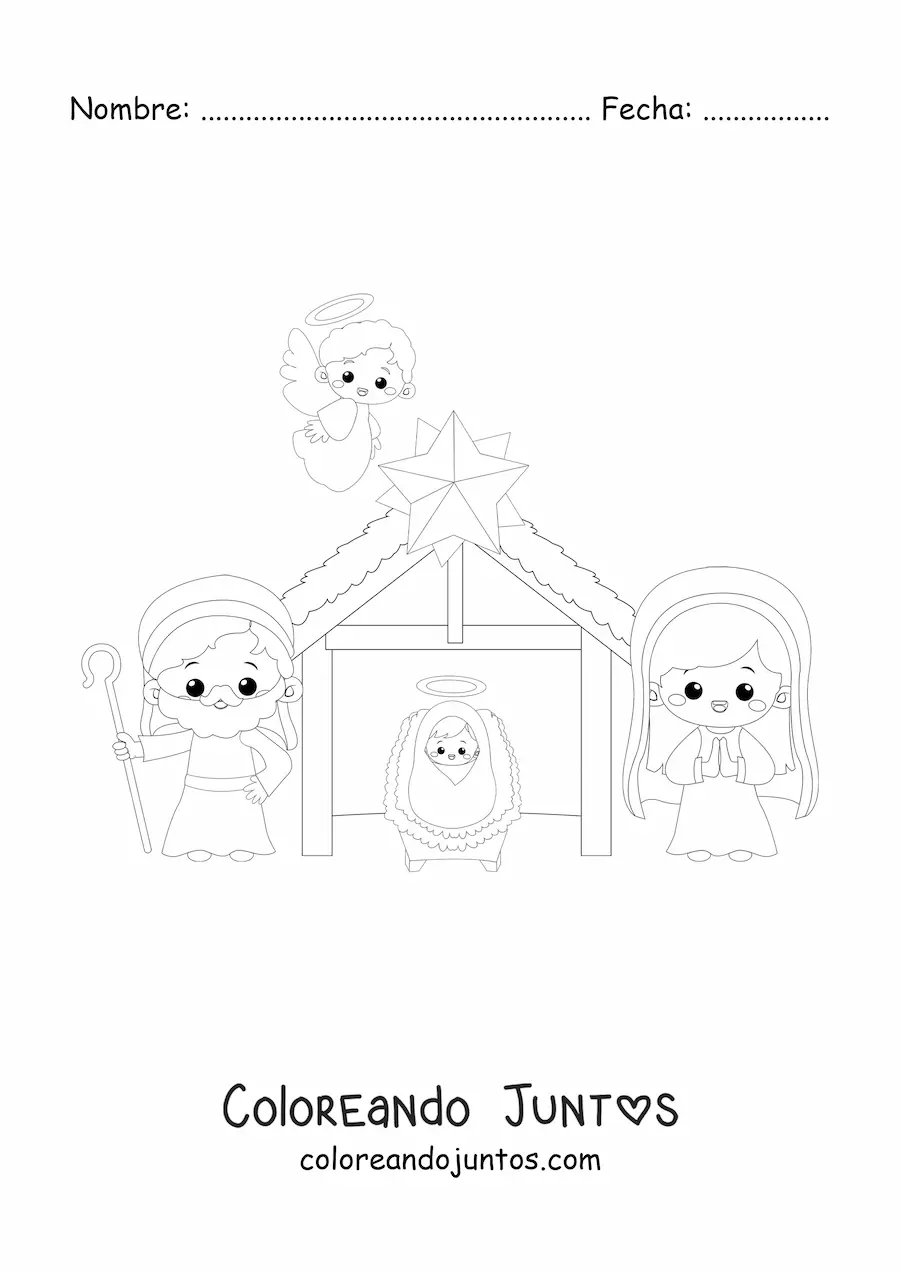 Imagen para colorear de un pesebre navideño kawaii con el ángel Gabriel