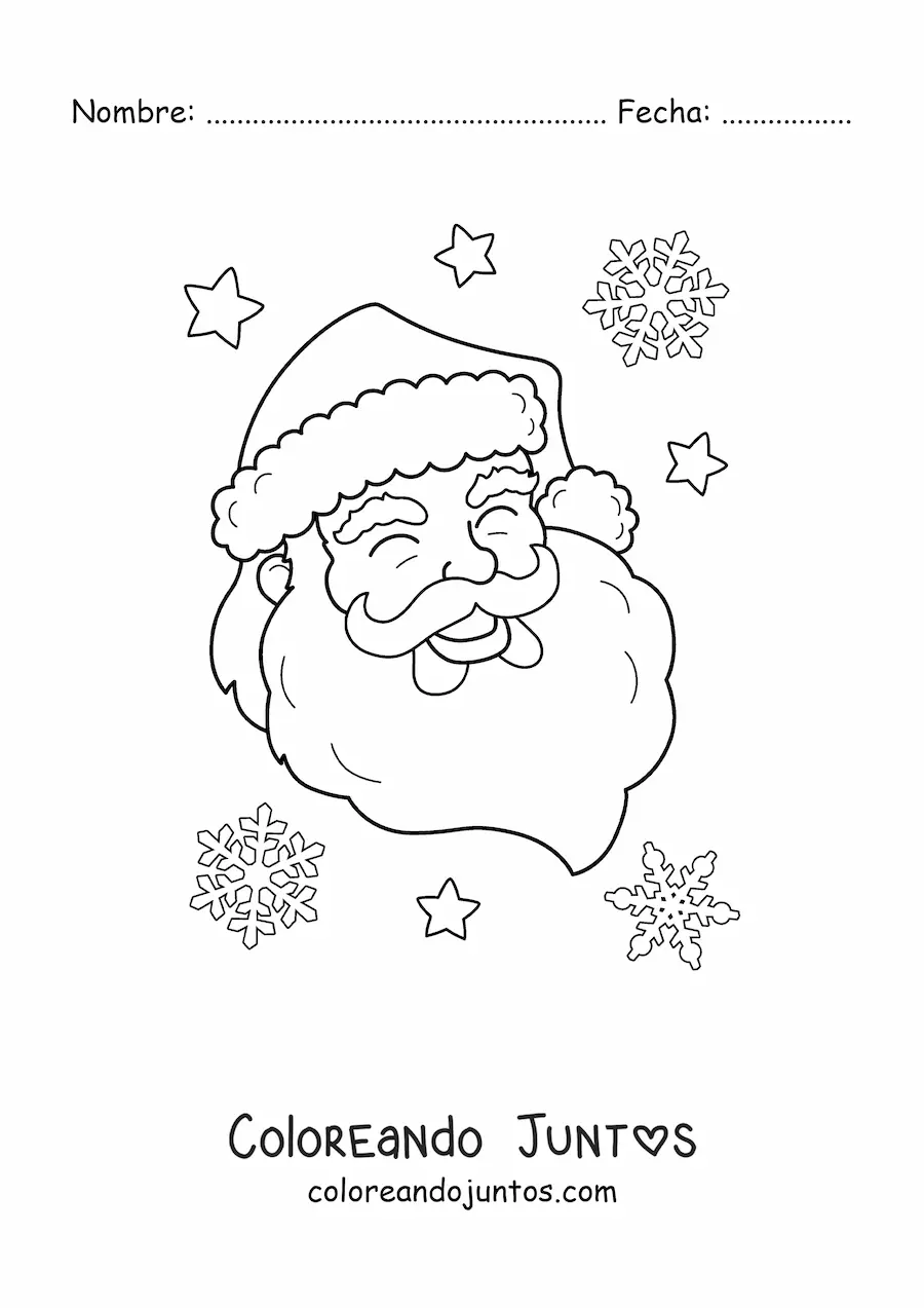 Imagen para colorear de la cara de Santa Claus con los ojos cerrados y copos de nieve de fondo