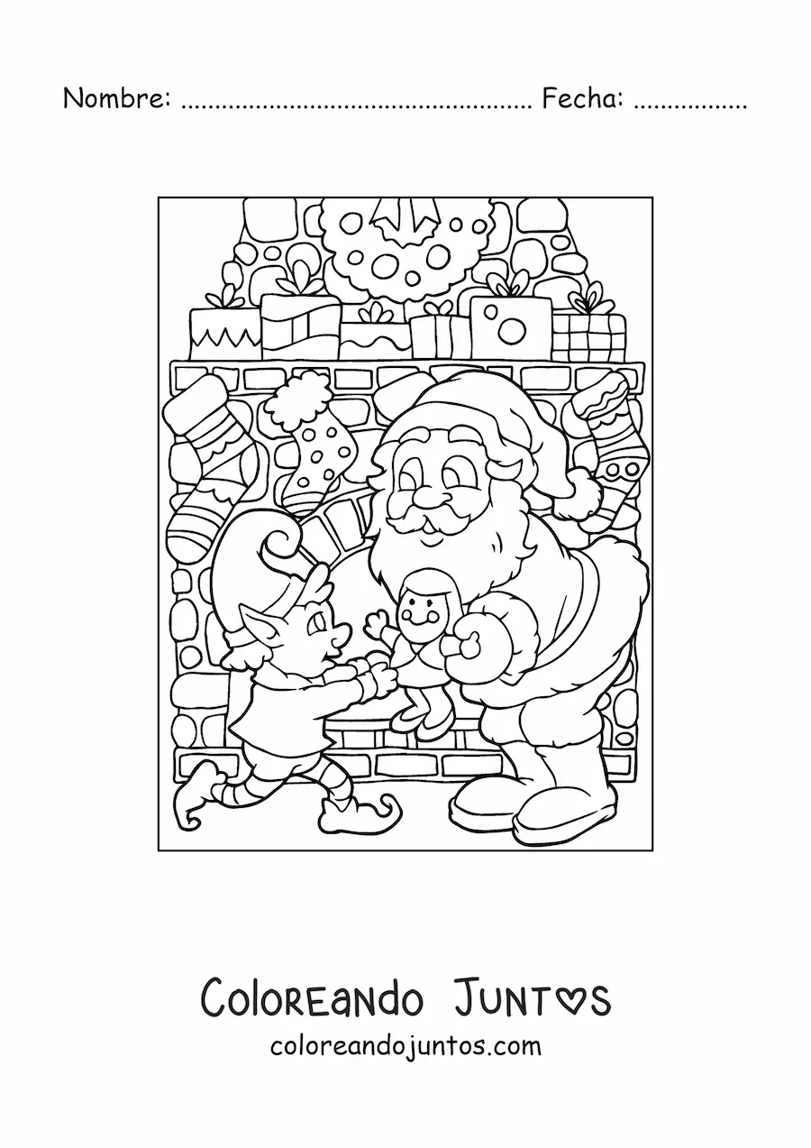 Imagen para colorear de Santa Claus con elfo y juguetes