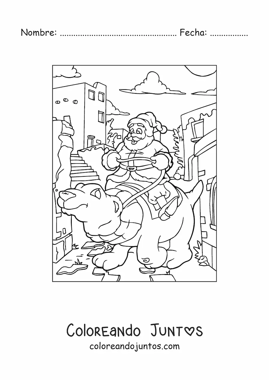 Imagen para colorear de Papá Noel montando un oso polar