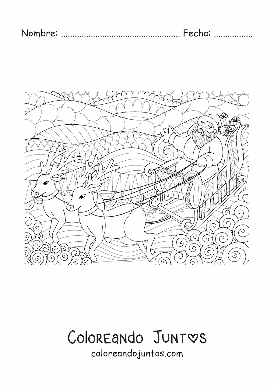 Imagen para colorear de Papá Noel en trineo con renos estilo zentangle