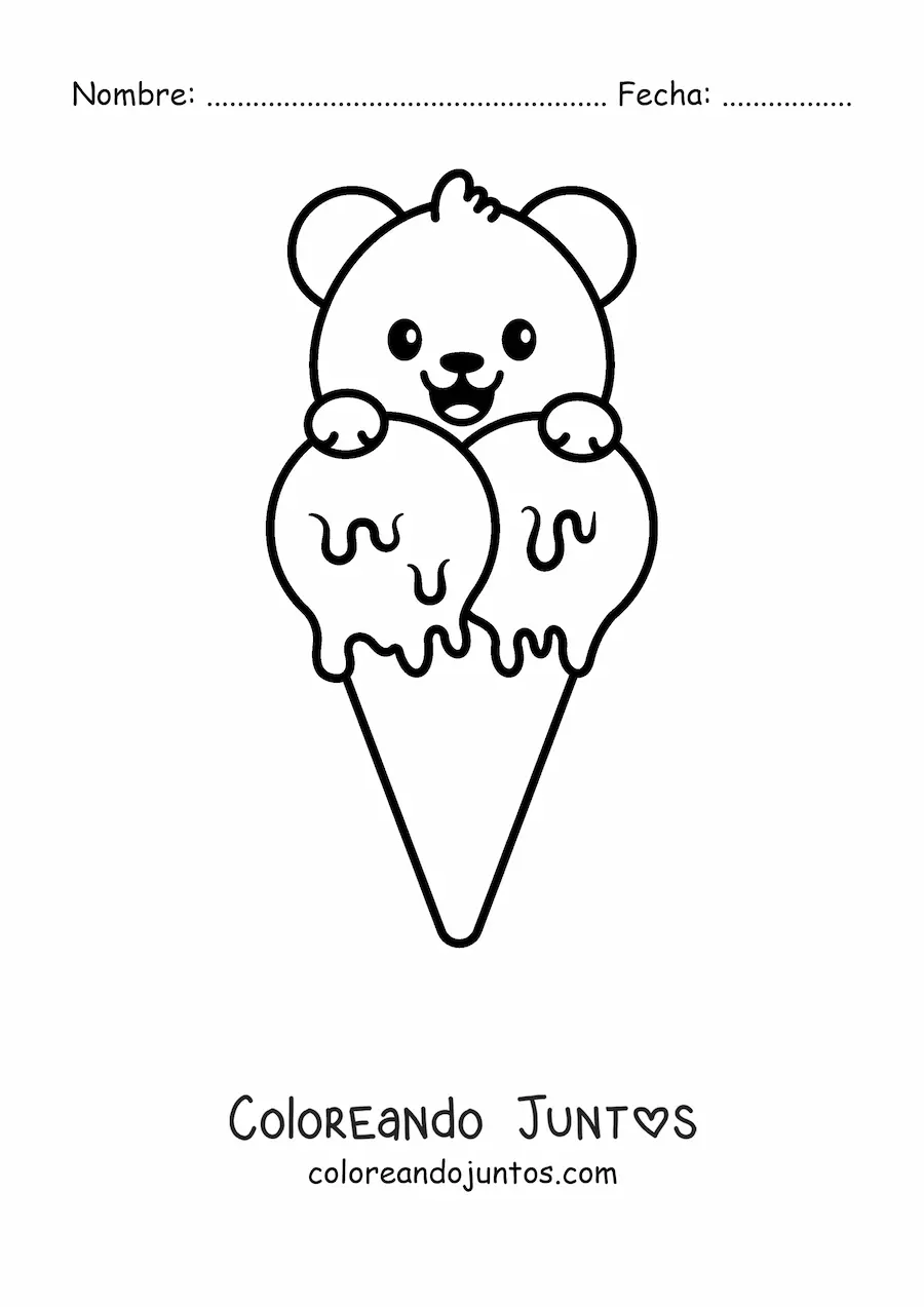 Imagen para colorear de un oso kawaii en un helado de barquilla