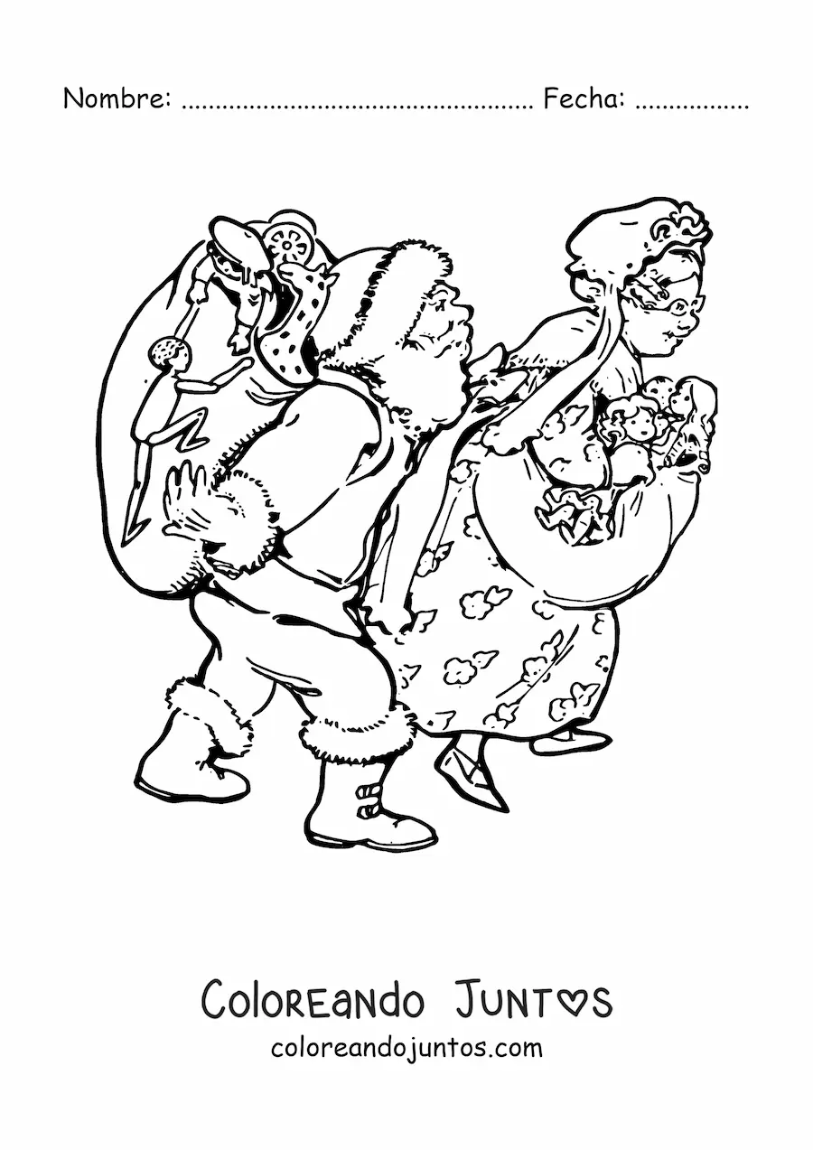 Imagen para colorear de Santa Claus y señora Claus con regalos