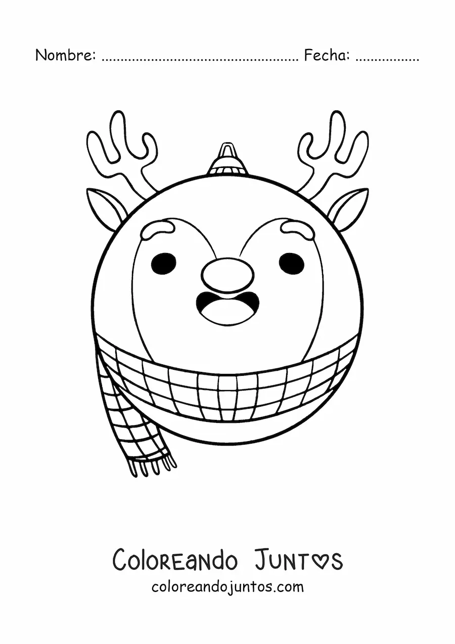 Imagen para colorear de esfera navideña kawaii con forma de reno
