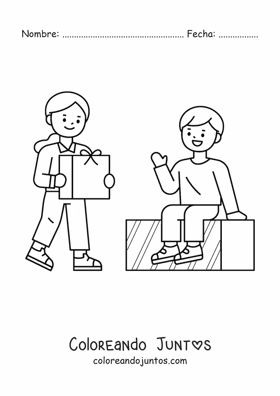 Imagen para colorear de niños con regalos de Navidad