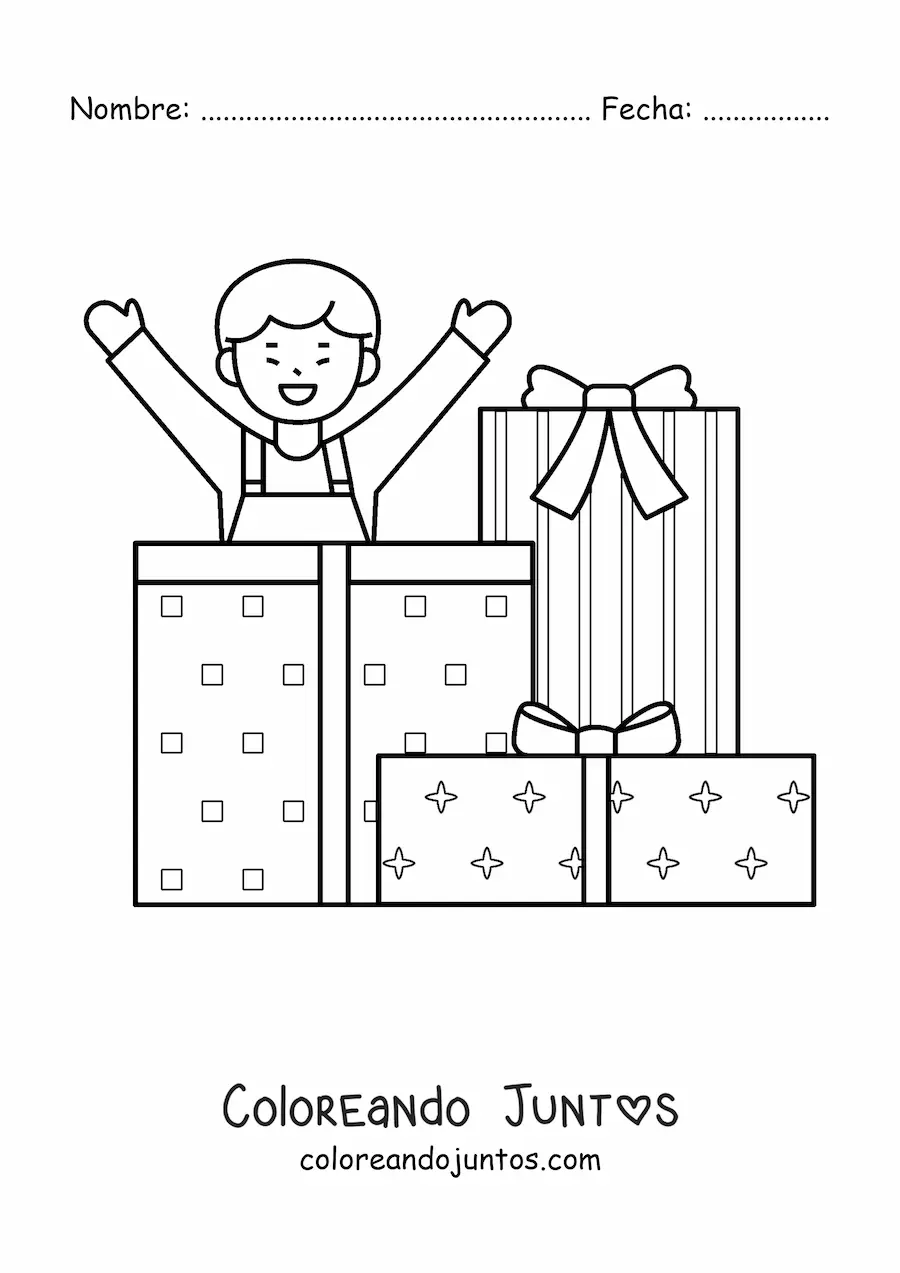 Imagen para colorear de niño con regalos de Navidad