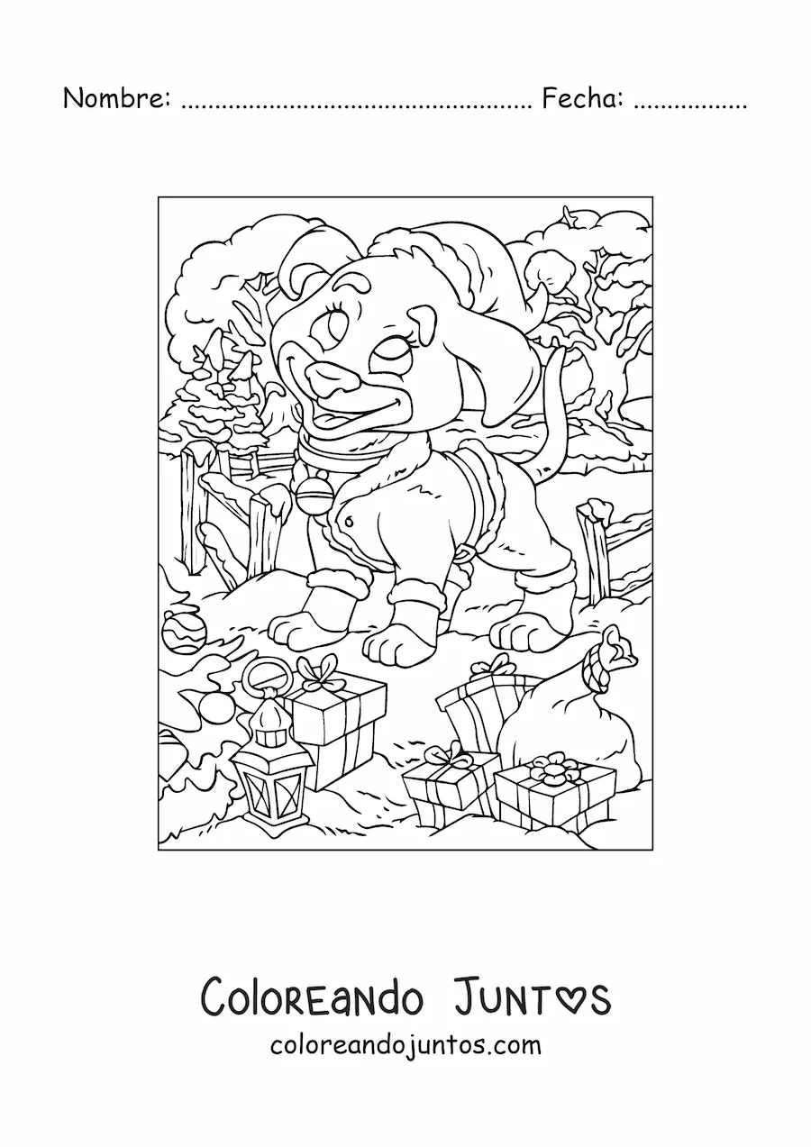 Imagen para colorear de perro animado con regalos de Navidad
