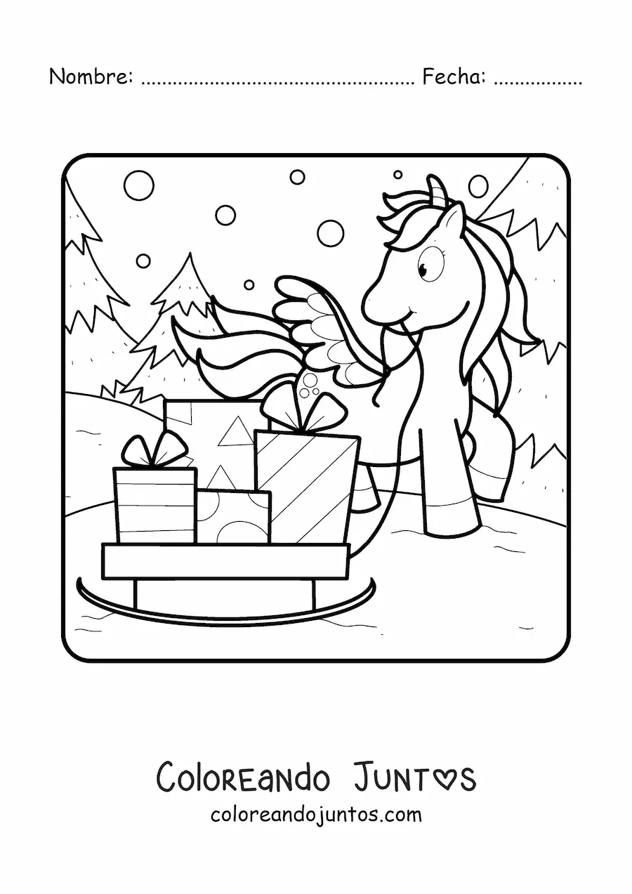 Imagen para colorear de unicornio con trineo con regalos
