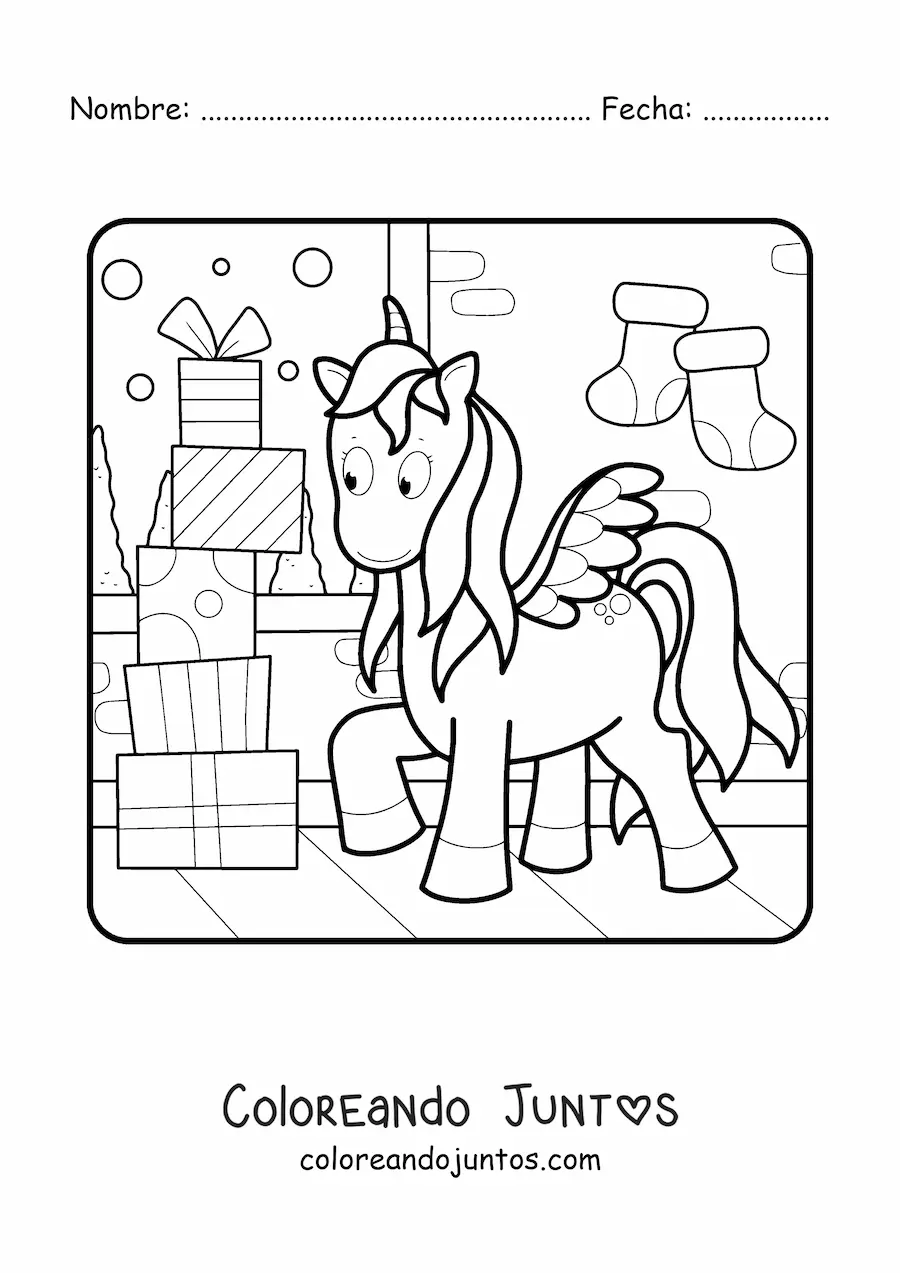 Imagen para colorear de unicornio con pila de regalos