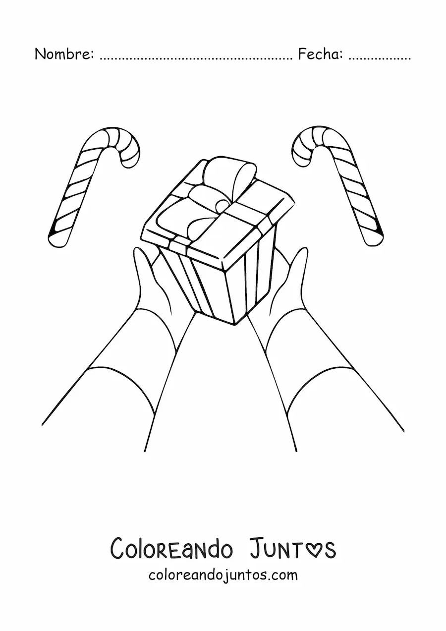 Imagen para colorear de manos dando un regalo de Navidad