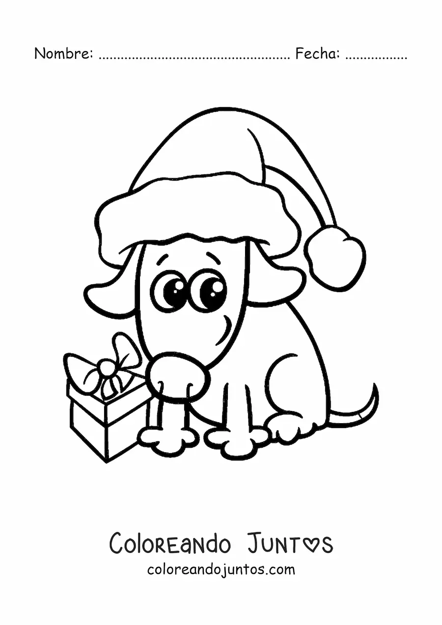Imagen para colorear de perro con regalo de Navidad