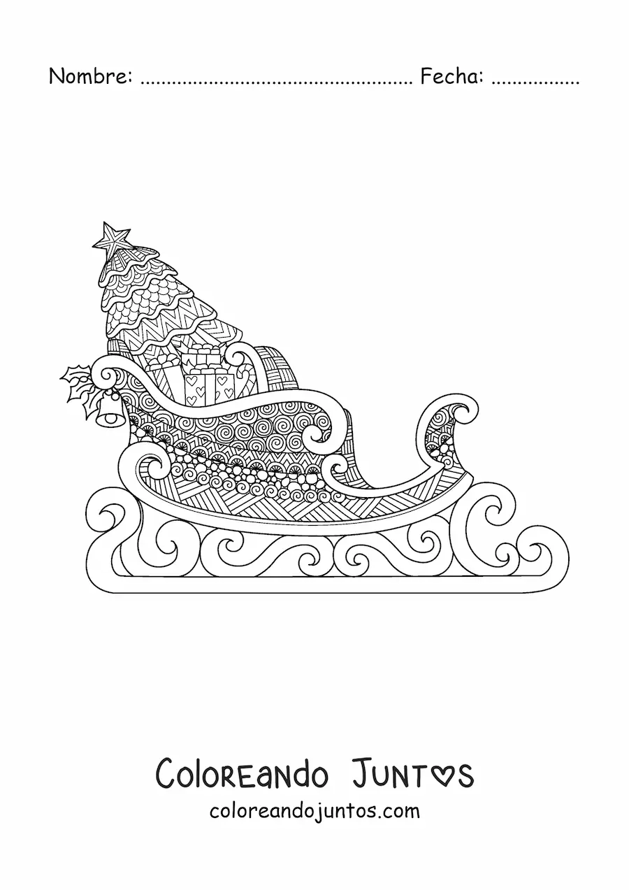 Imagen para colorear de trineo con regalos de Navidad estilo zentangle