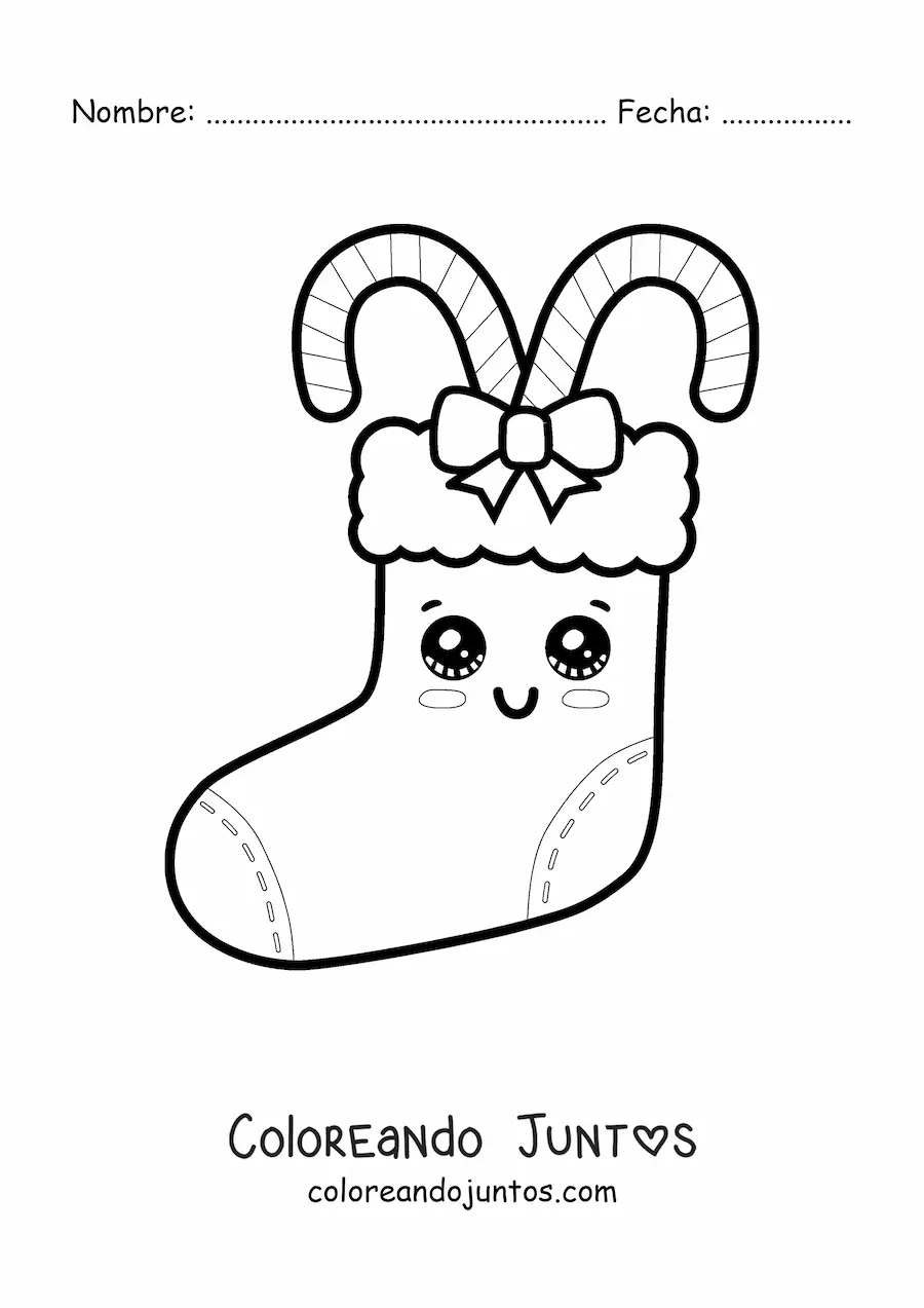 Imagen para colorear de bota de Navidad kawaii con bastones de caramelo