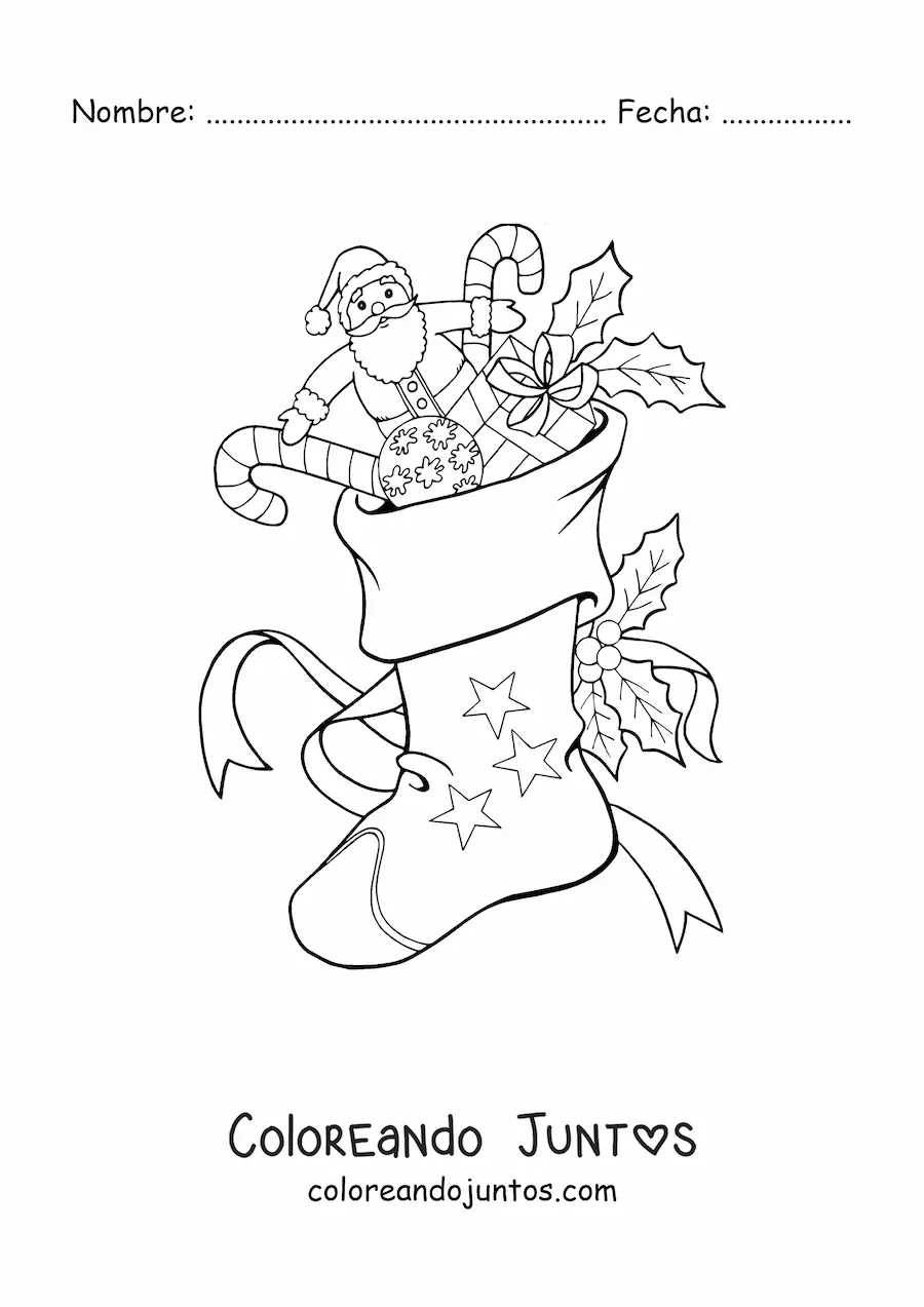 Imagen para colorear de bota de Navidad con juguetes y dulces