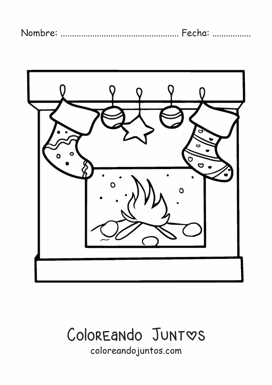 Imagen para colorear de calcetines de Navidad en la chimenea