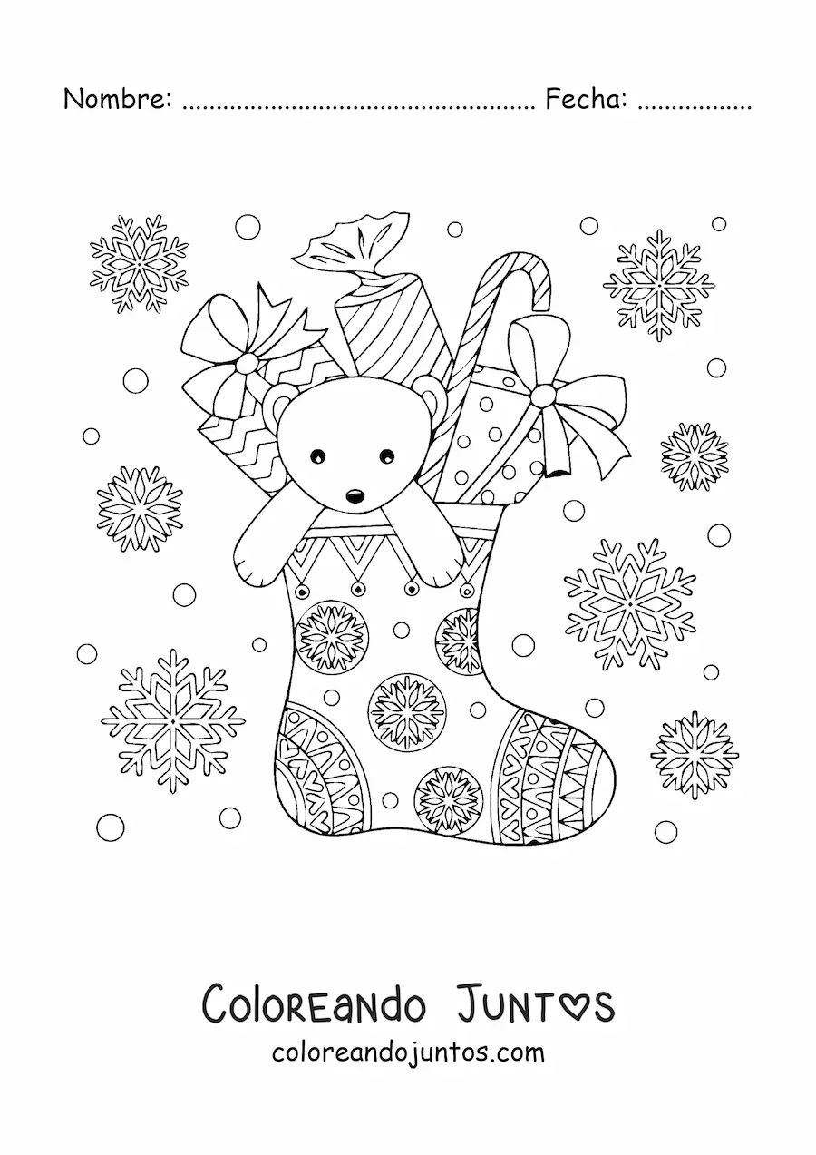 Imagen para colorear de bota de Navidad con regalos y oso de peluche dentro