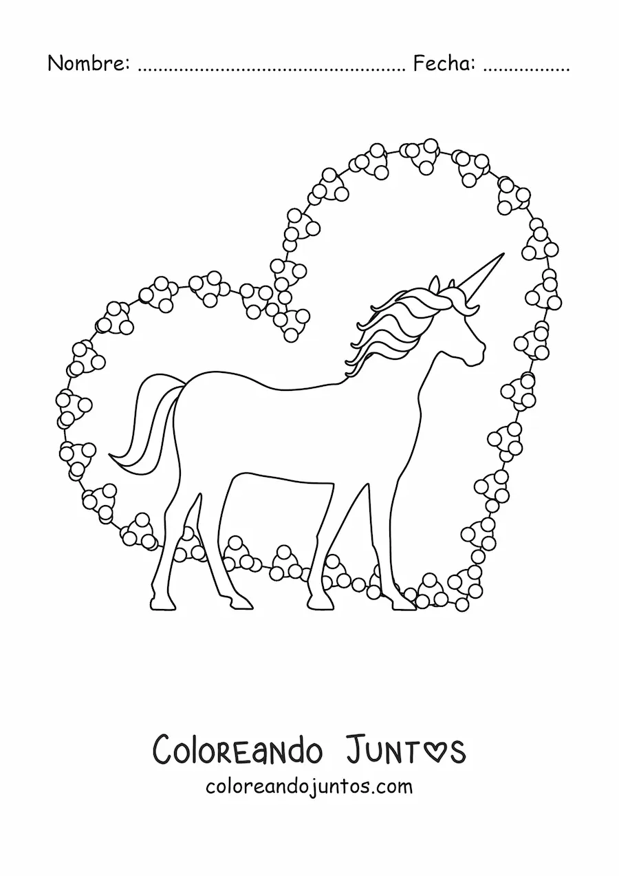 Imagen para colorear de la silueta de un unicornio con un corazón de fondo