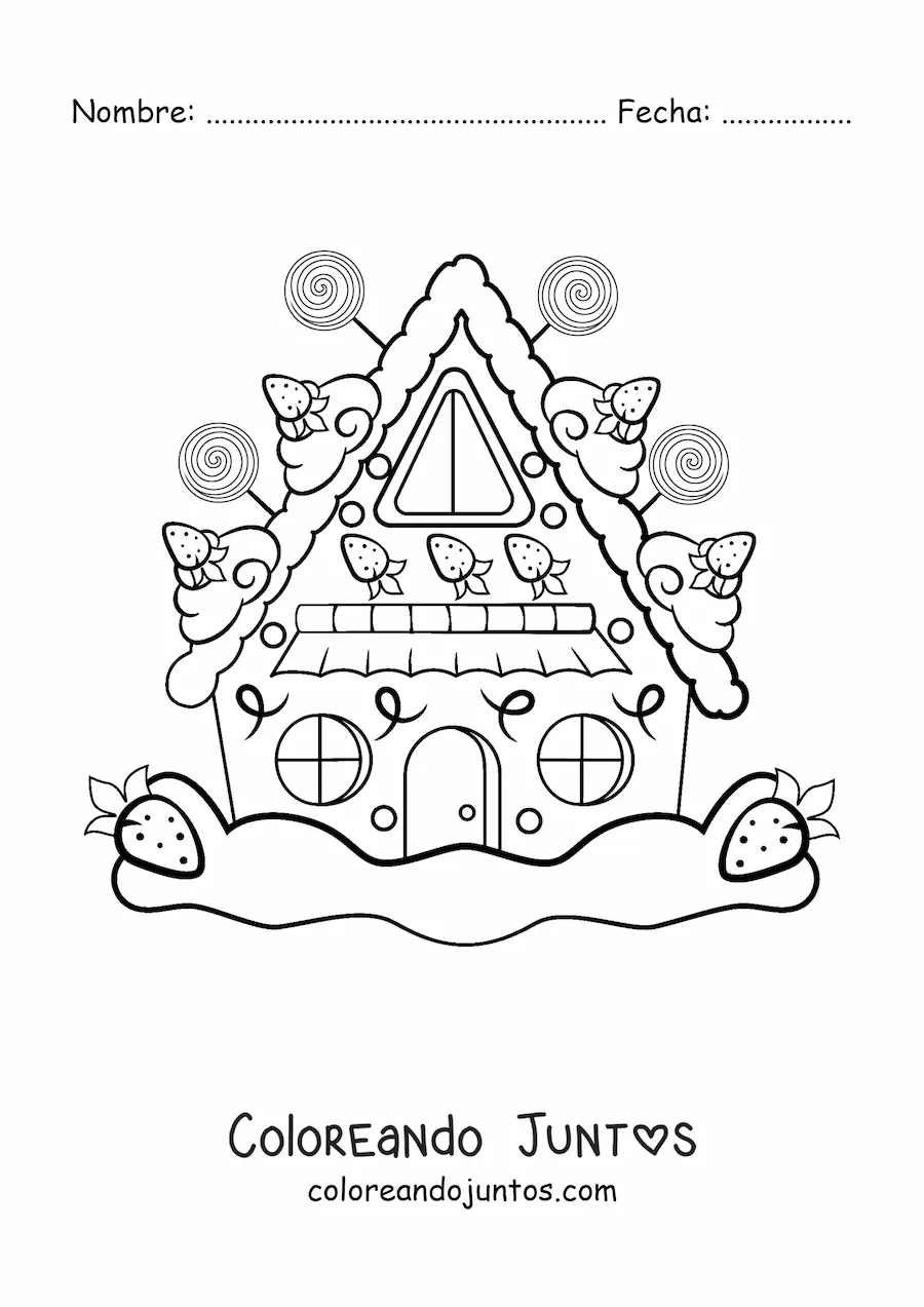 Imagen para colorear de casa de jengibre kawaii con fresas
