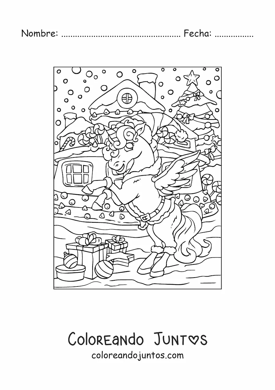 Imagen para colorear de unicornio animado con casa de jengibre