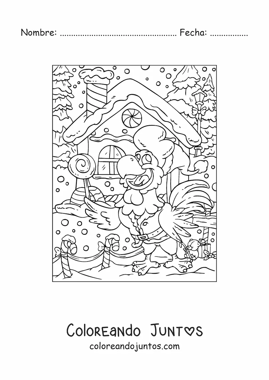 Imagen para colorear de loro animado con casa de jengibre
