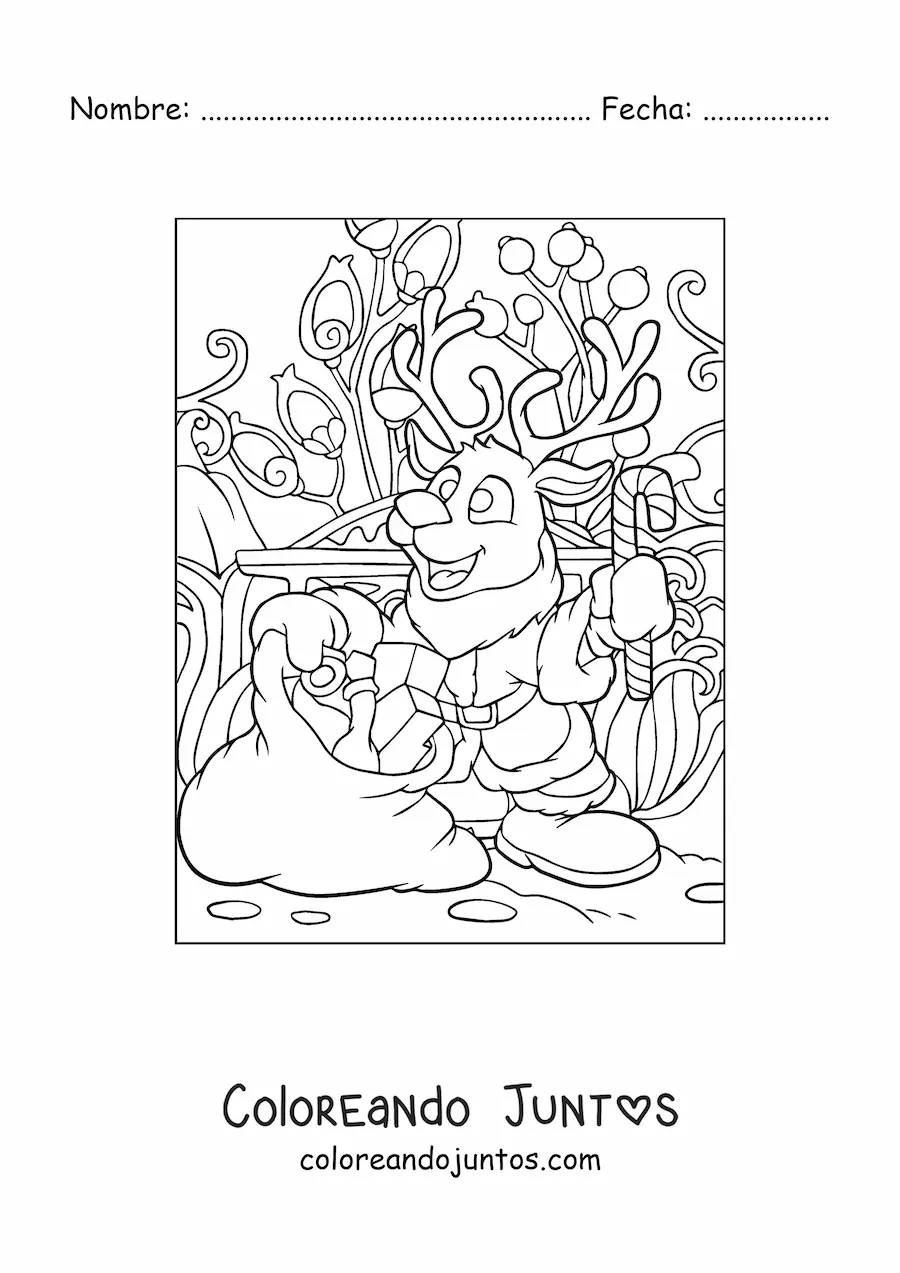Imagen para colorear de reno navideño animado con regalos