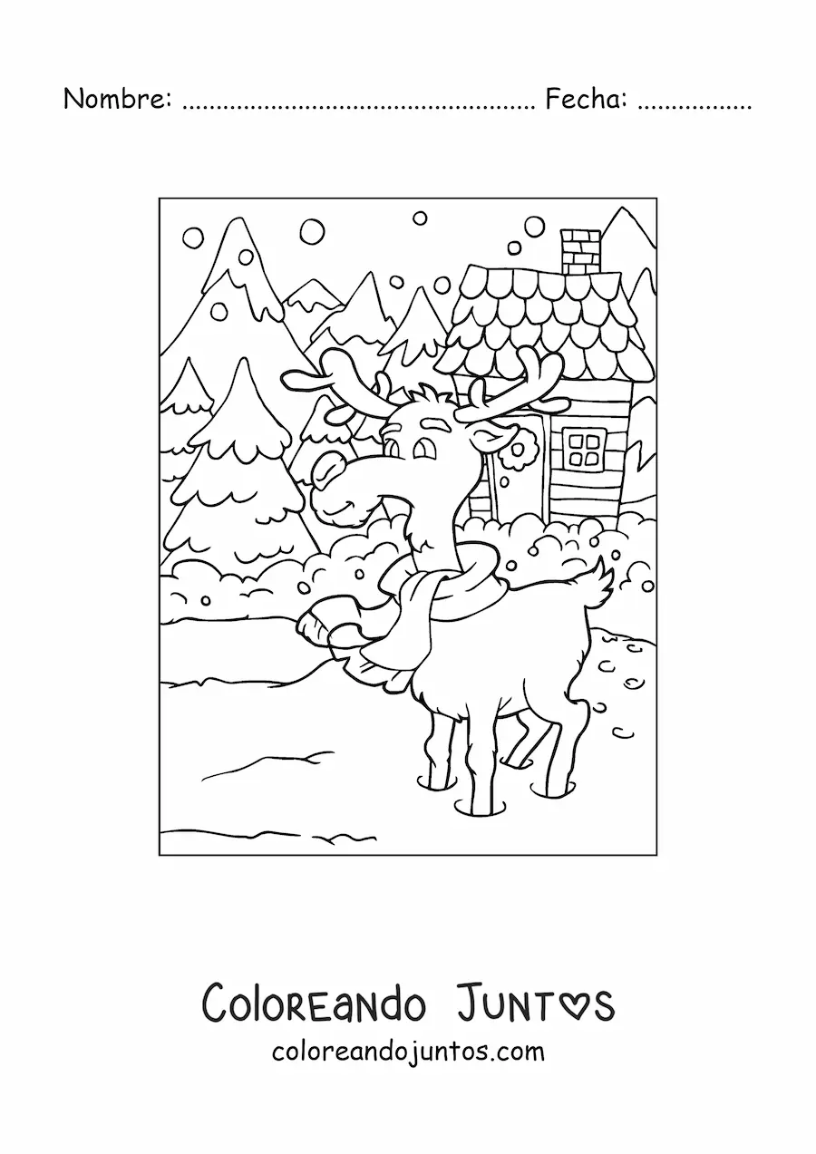 Imagen para colorear de reno navideño animado en la nieve