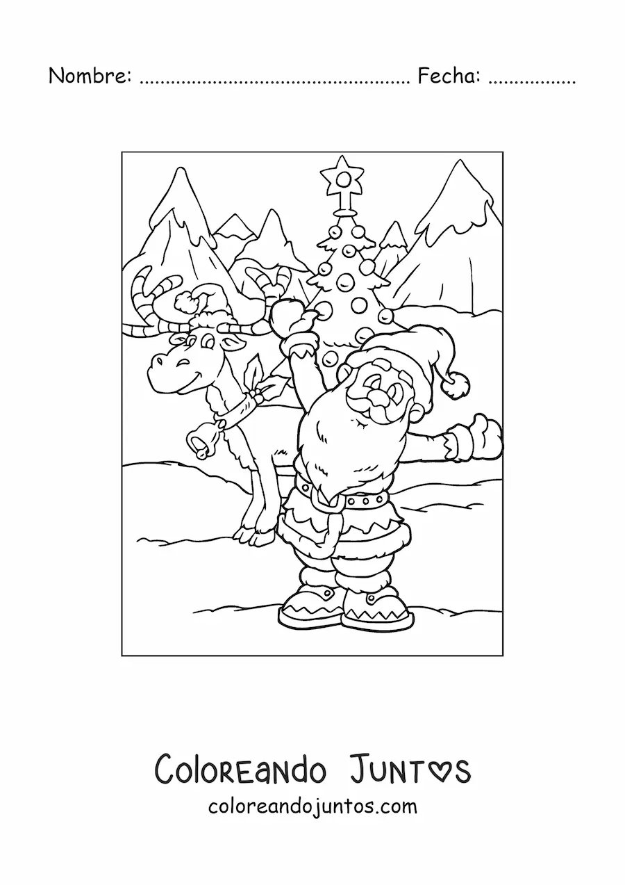 Imagen para colorear de reno navideño animado con Santa