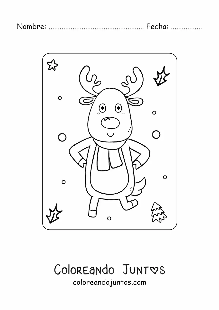 Imagen para colorear de reno de Navidad animado con bufanda