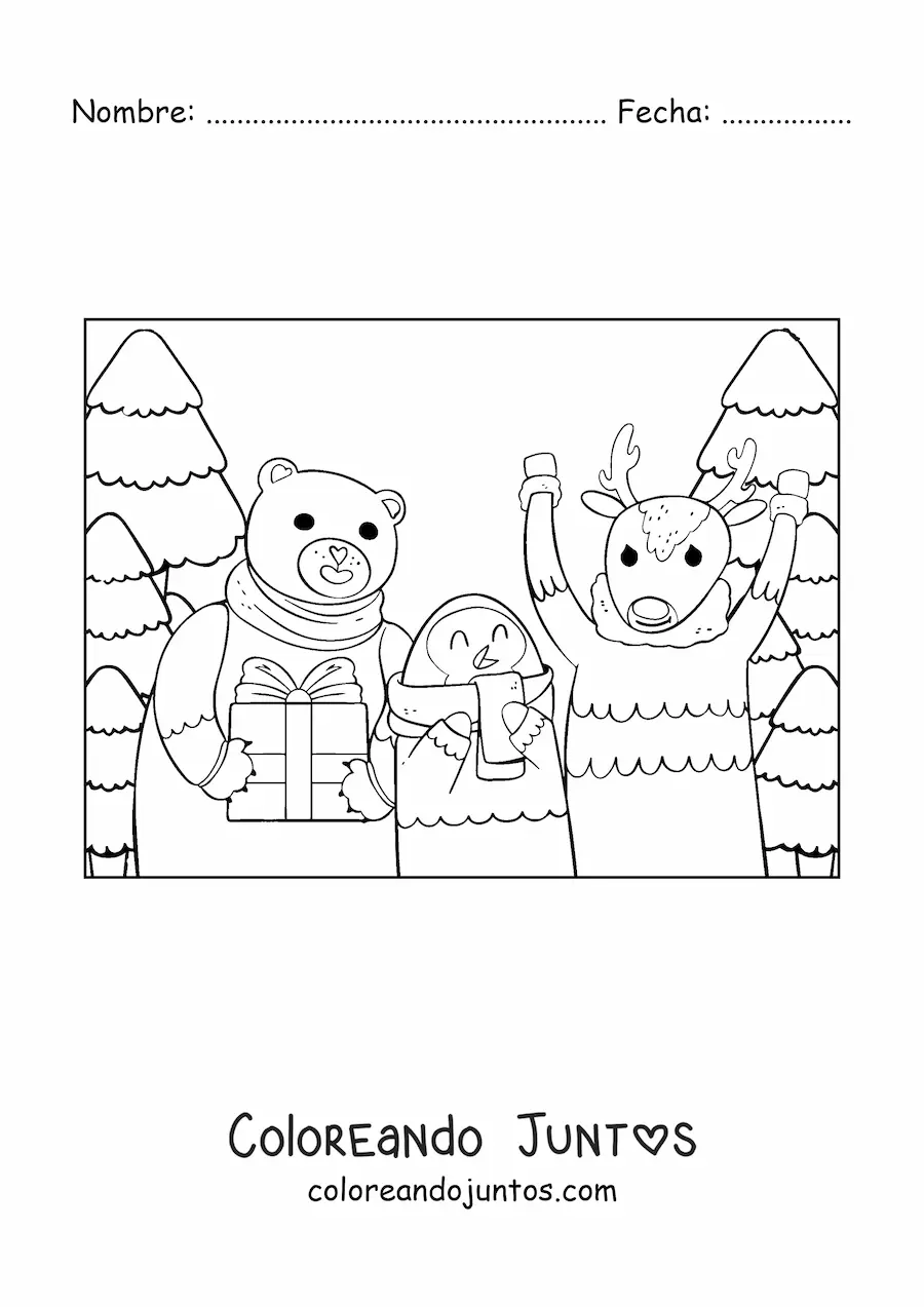 Imagen para colorear de reno de Navidad con animales y regalos