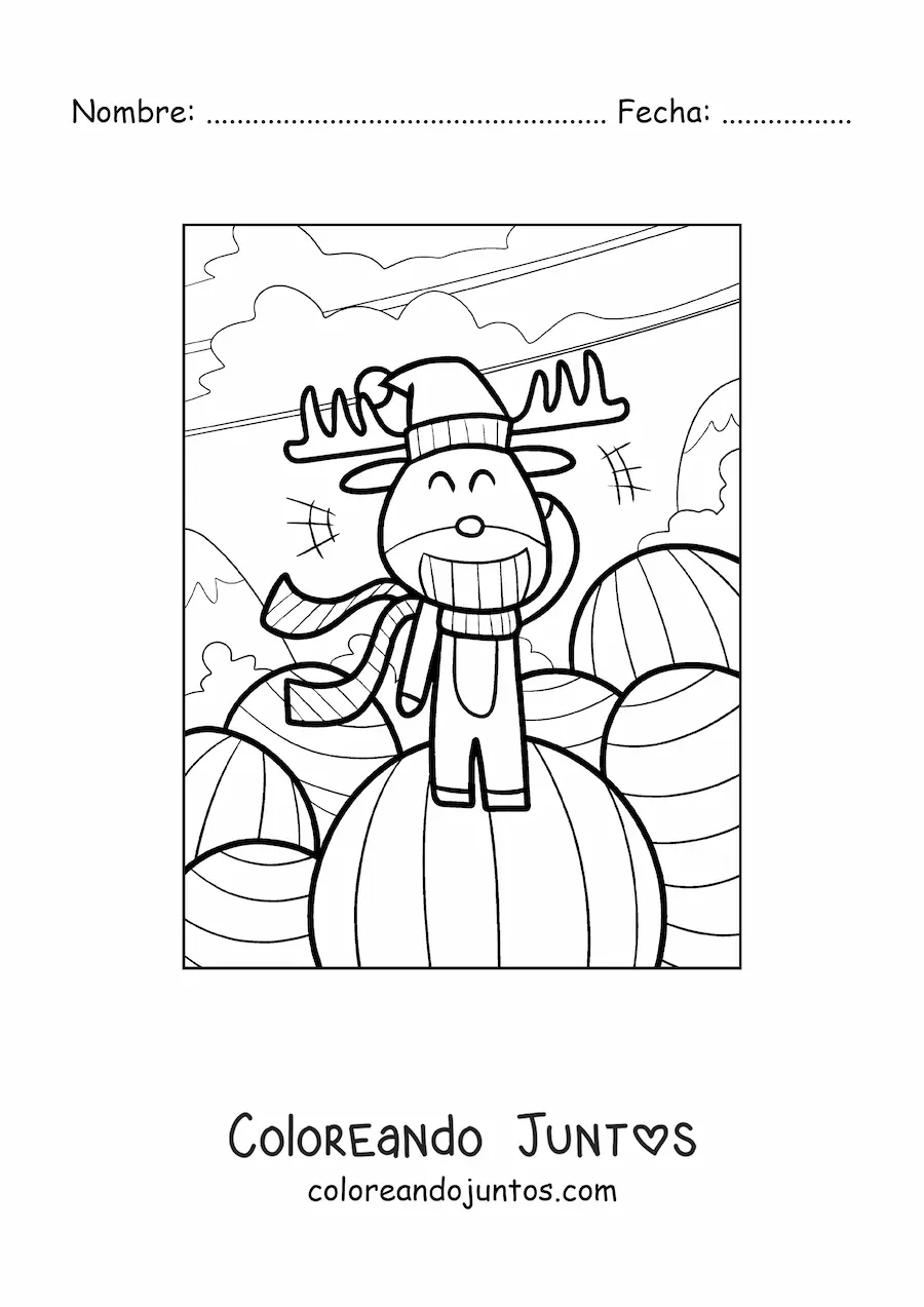 Imagen para colorear de reno de Navidad con gorro de Santa animado