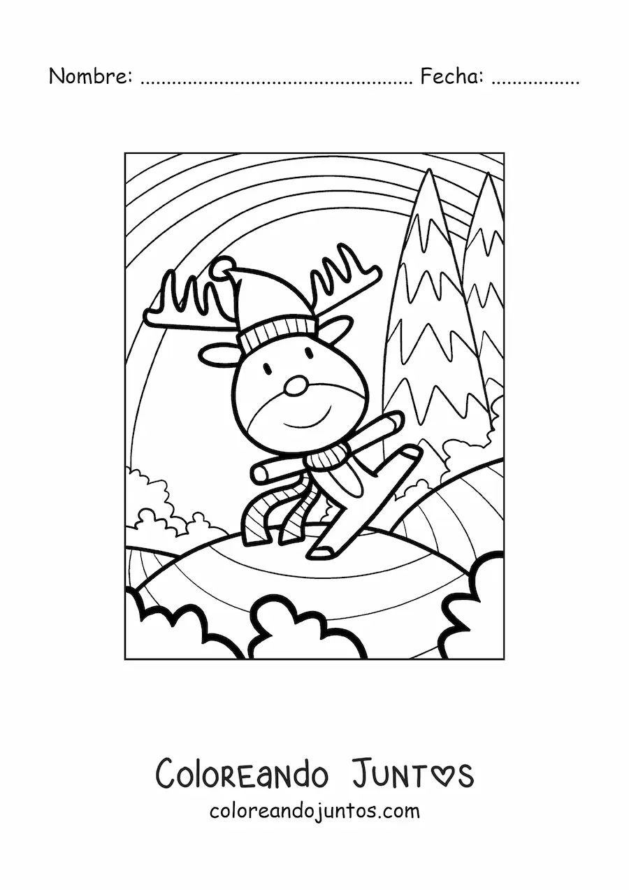 Imagen para colorear de reno de Navidad con gorro de Santa animado