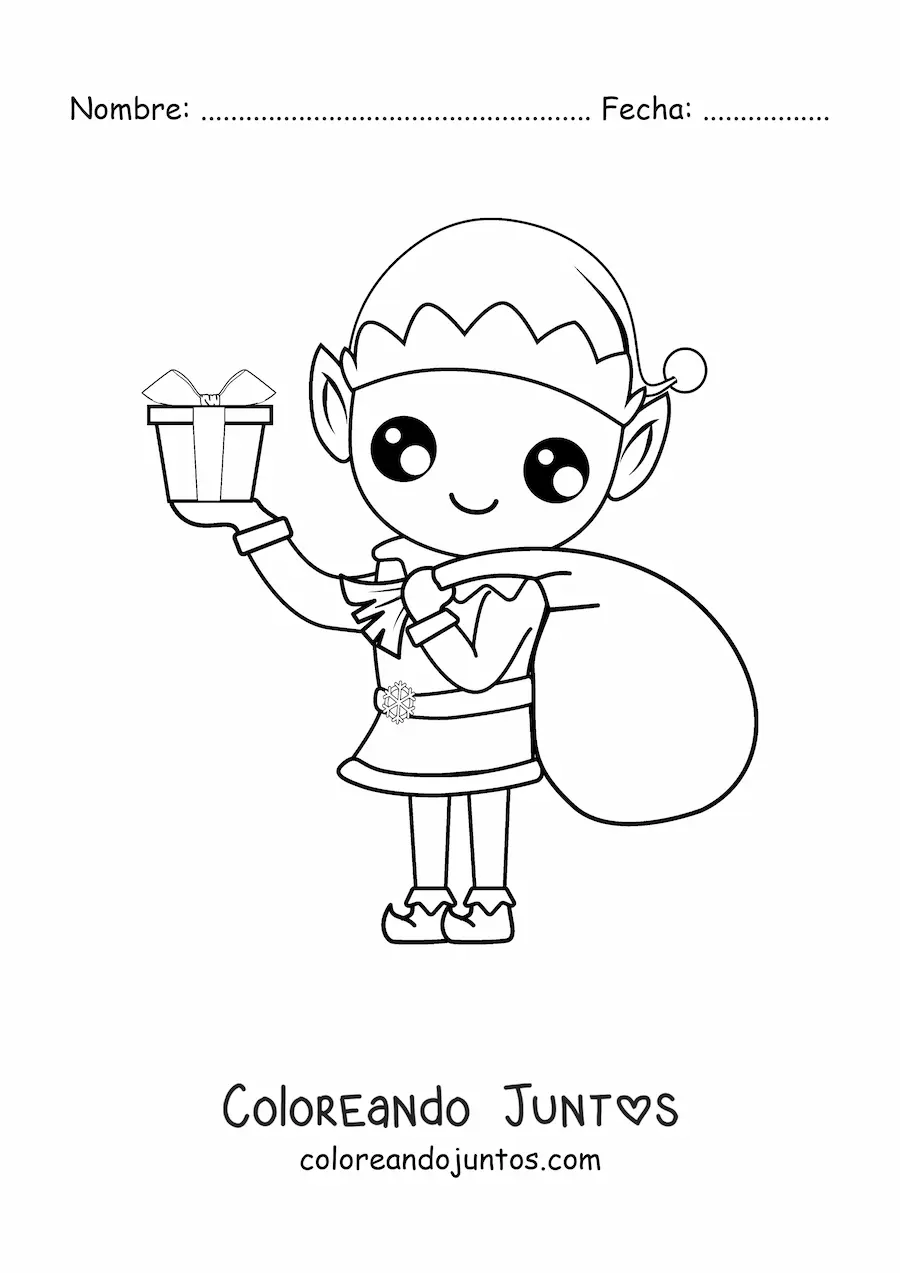 Imagen para colorear de elfo de Navidad con saco de regalos