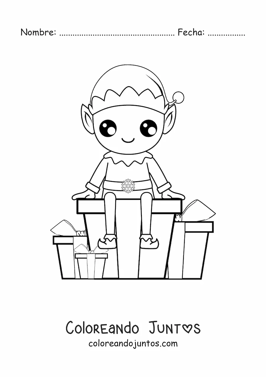 Imagen para colorear de elfo de Navidad con regalos