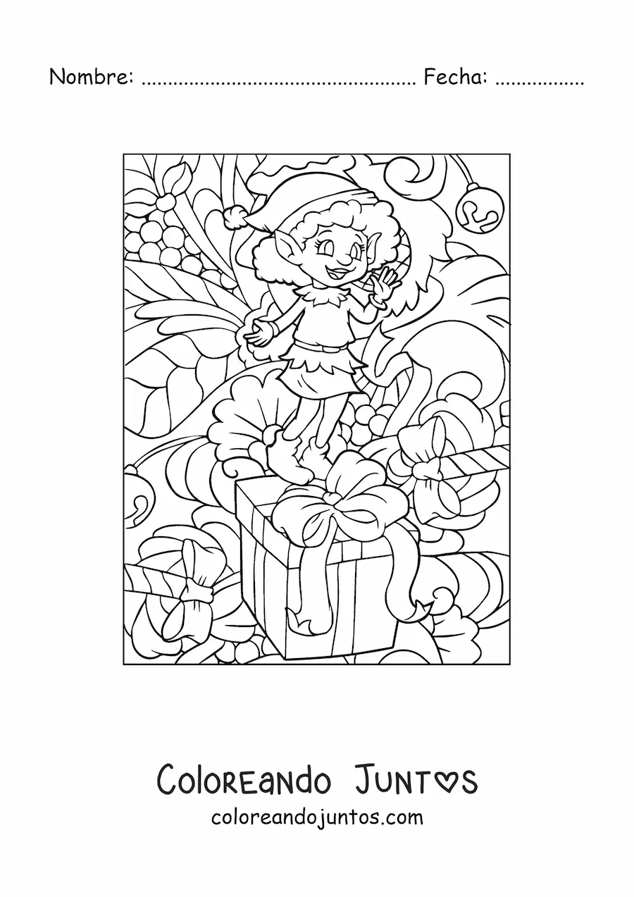 Imagen para colorear de chica duende de Navidad con regalo