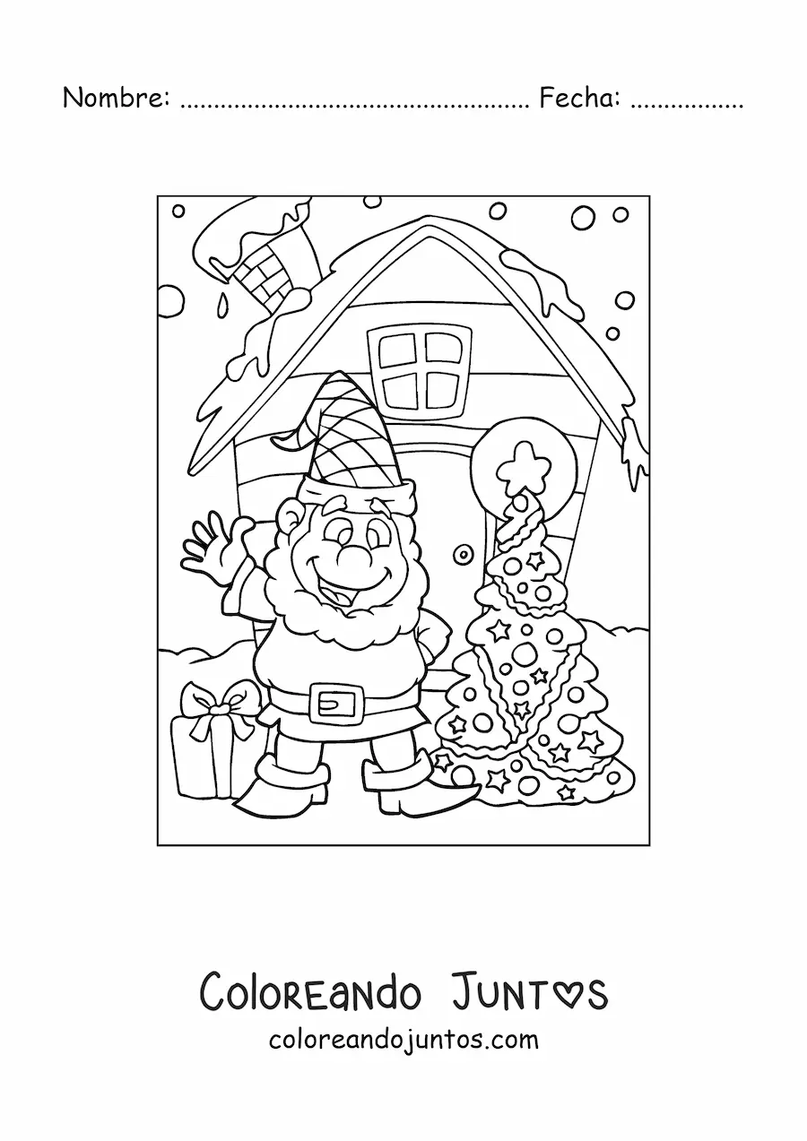 Imagen para colorear de duende de Navidad con árbol