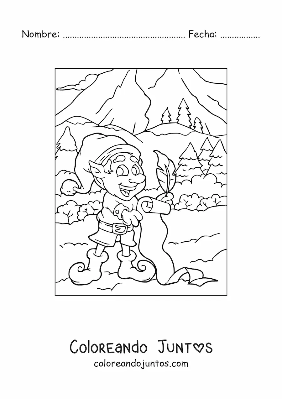 Imagen para colorear de duende de Navidad con lista