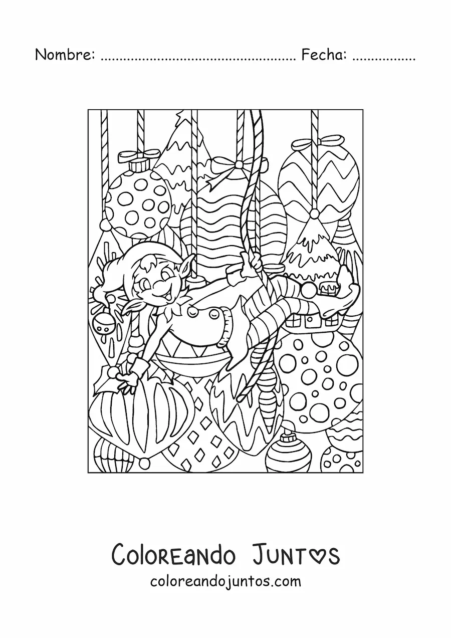 Imagen para colorear de duende de Navidad con bambalinas