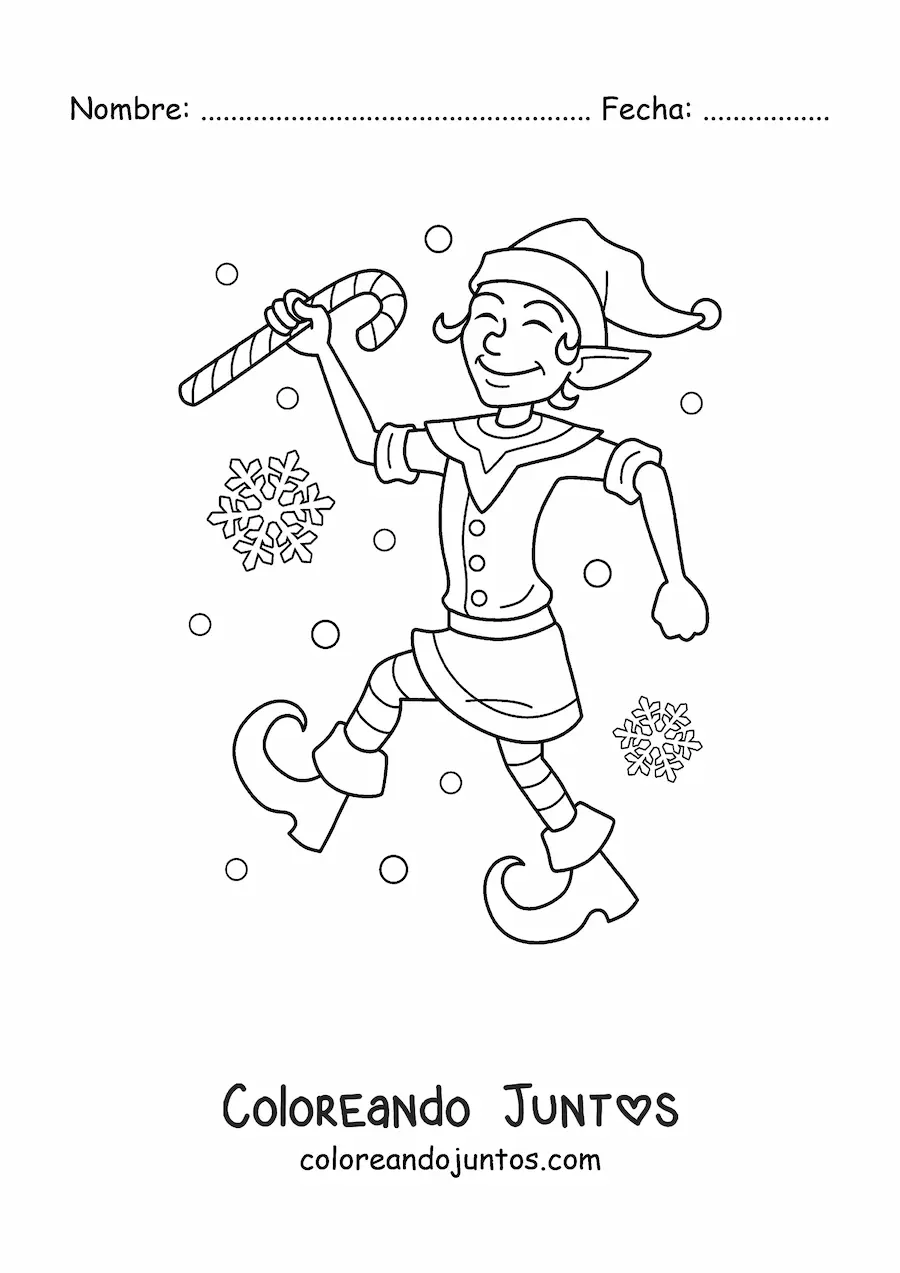 Imagen para colorear de duende de Navidad con bastón de caramelo