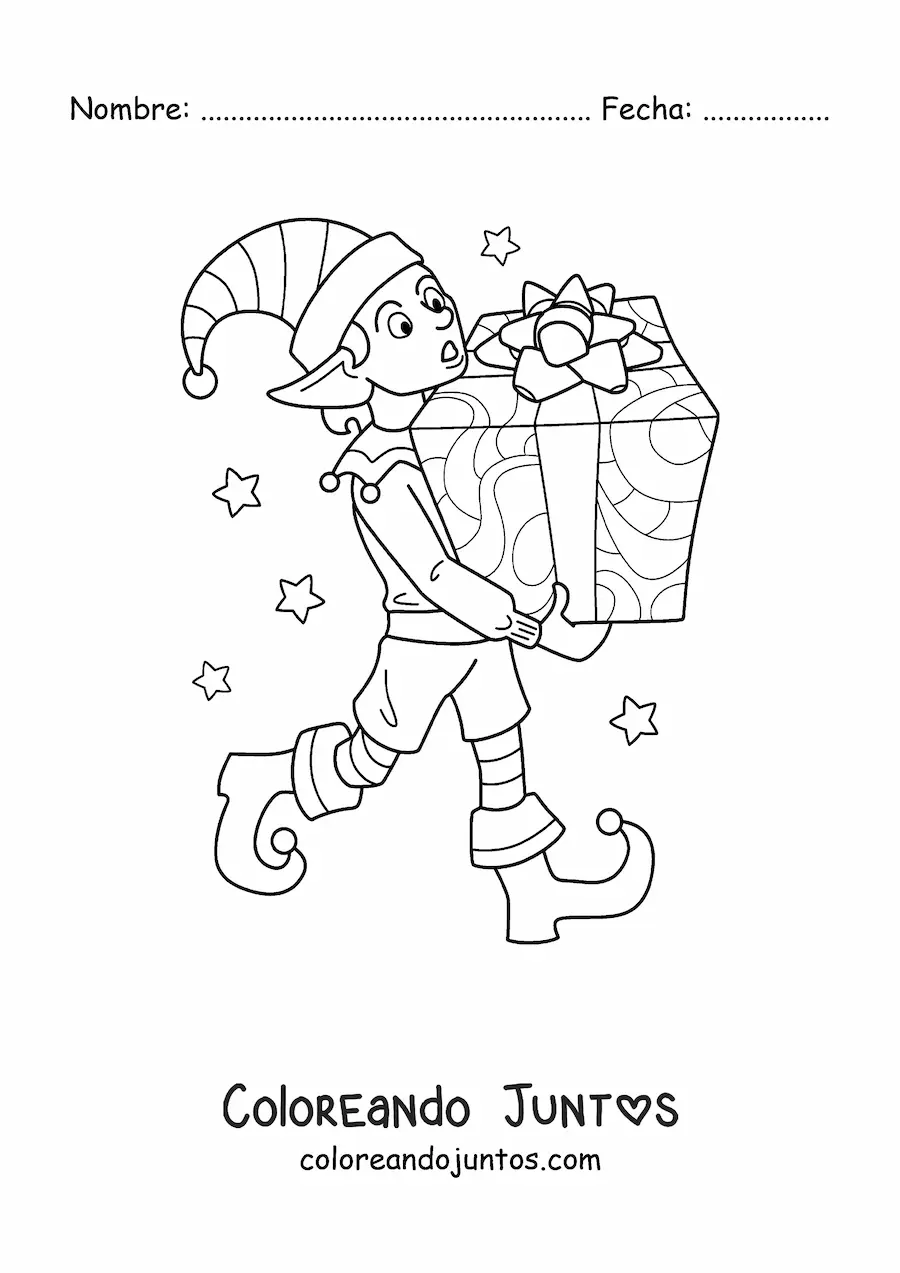 Imagen para colorear de duende de Navidad con regalo